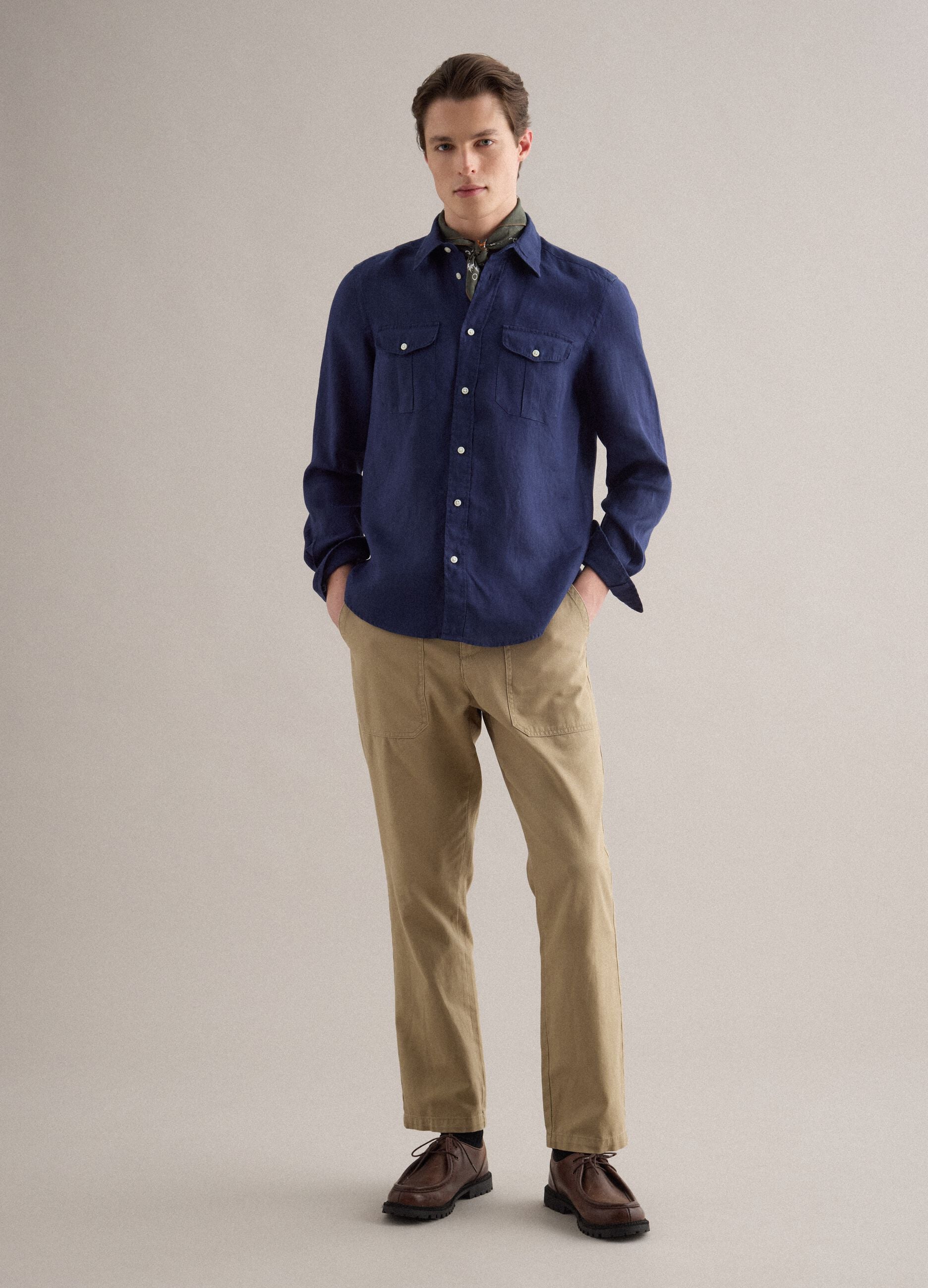 Regular Fit Long-Sleeve Pure Linen Blue Shirt