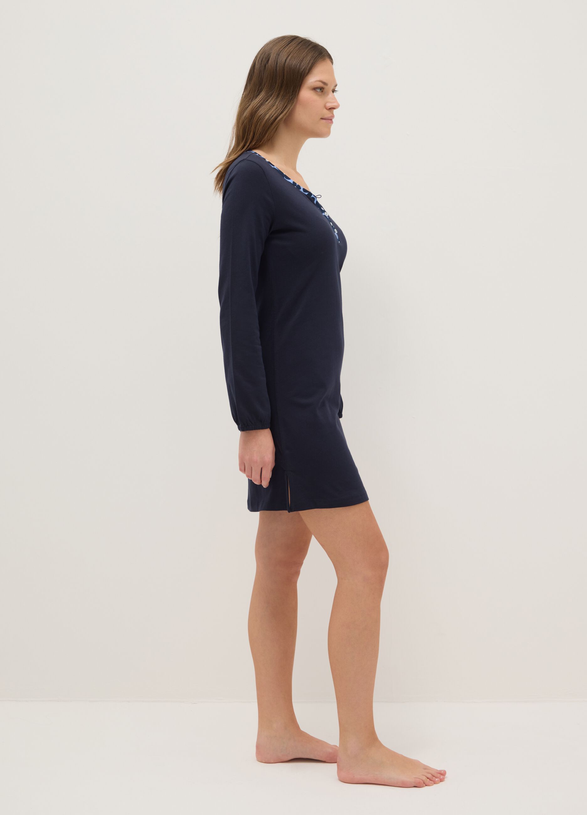 Blue nightshirt in pure cotton regular fit with Henley neckline
