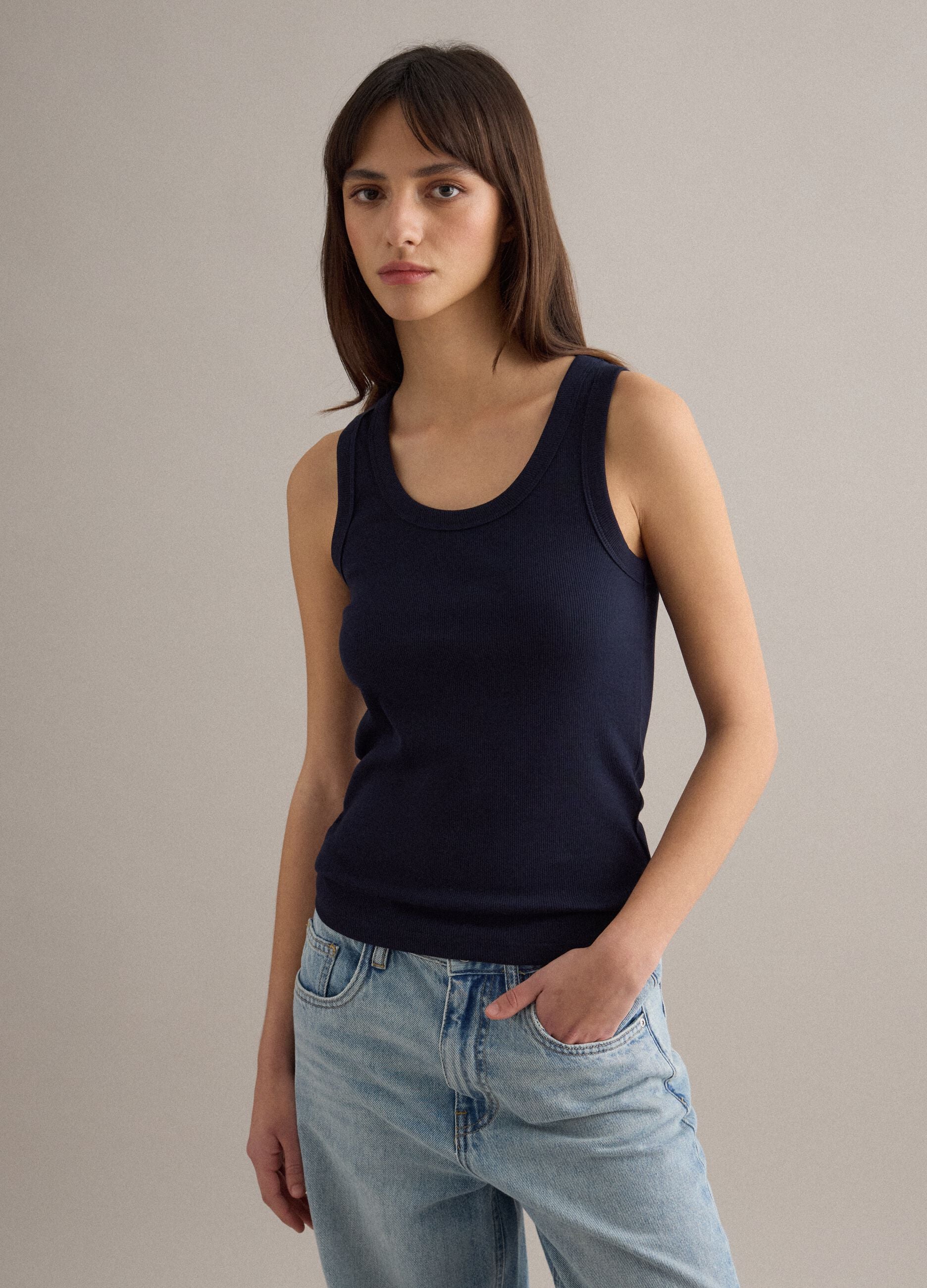 Blue regular fit stretch cotton tank top