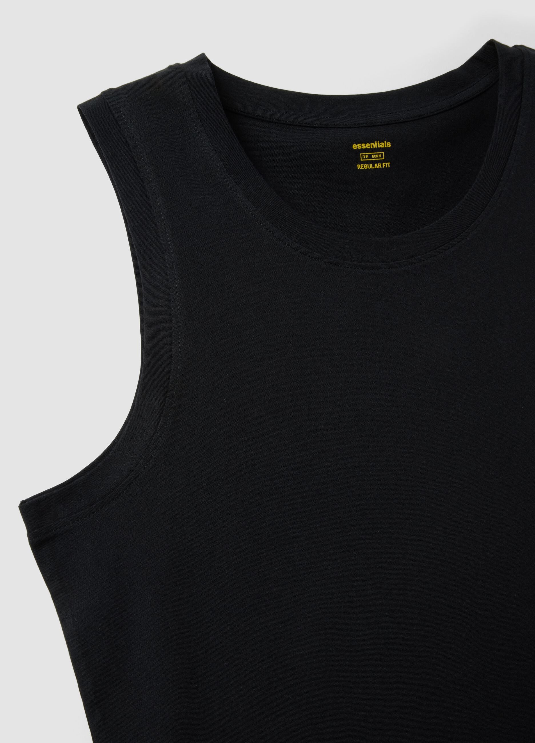 Black crew-neck cotton vest top, regular fit