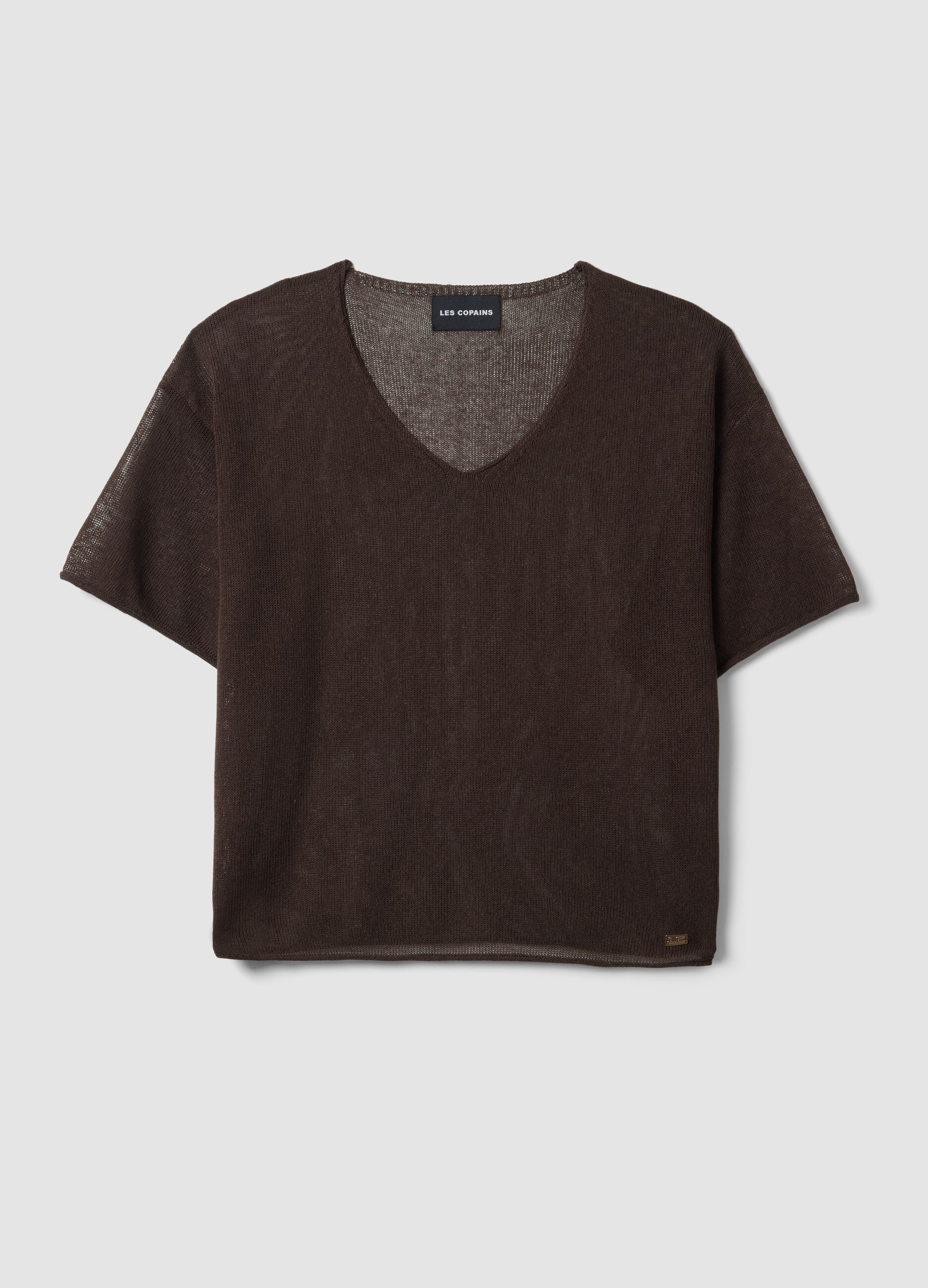 Brown oversized fit V-neck lyocell and linen blend sweater