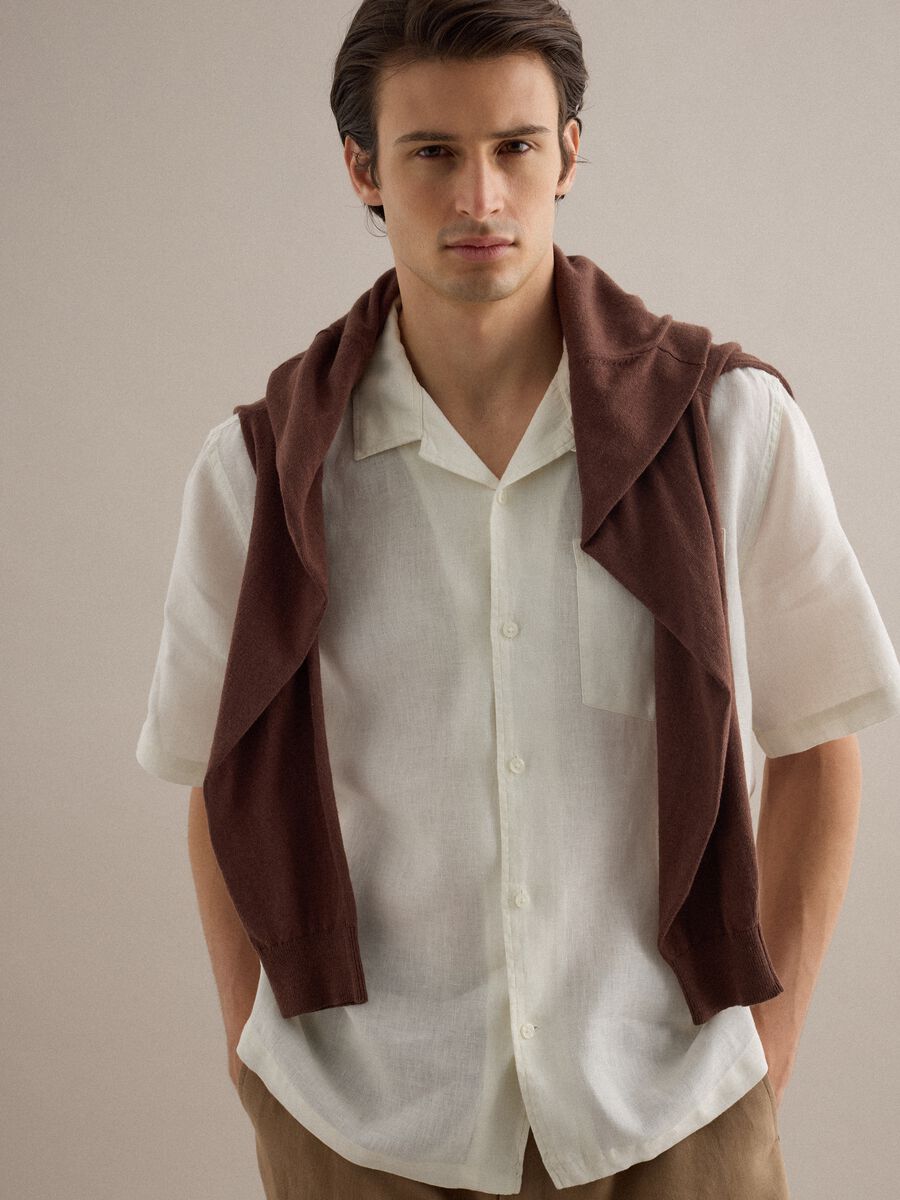 Camicia a maniche corte in puro lino bianca regular fit_1