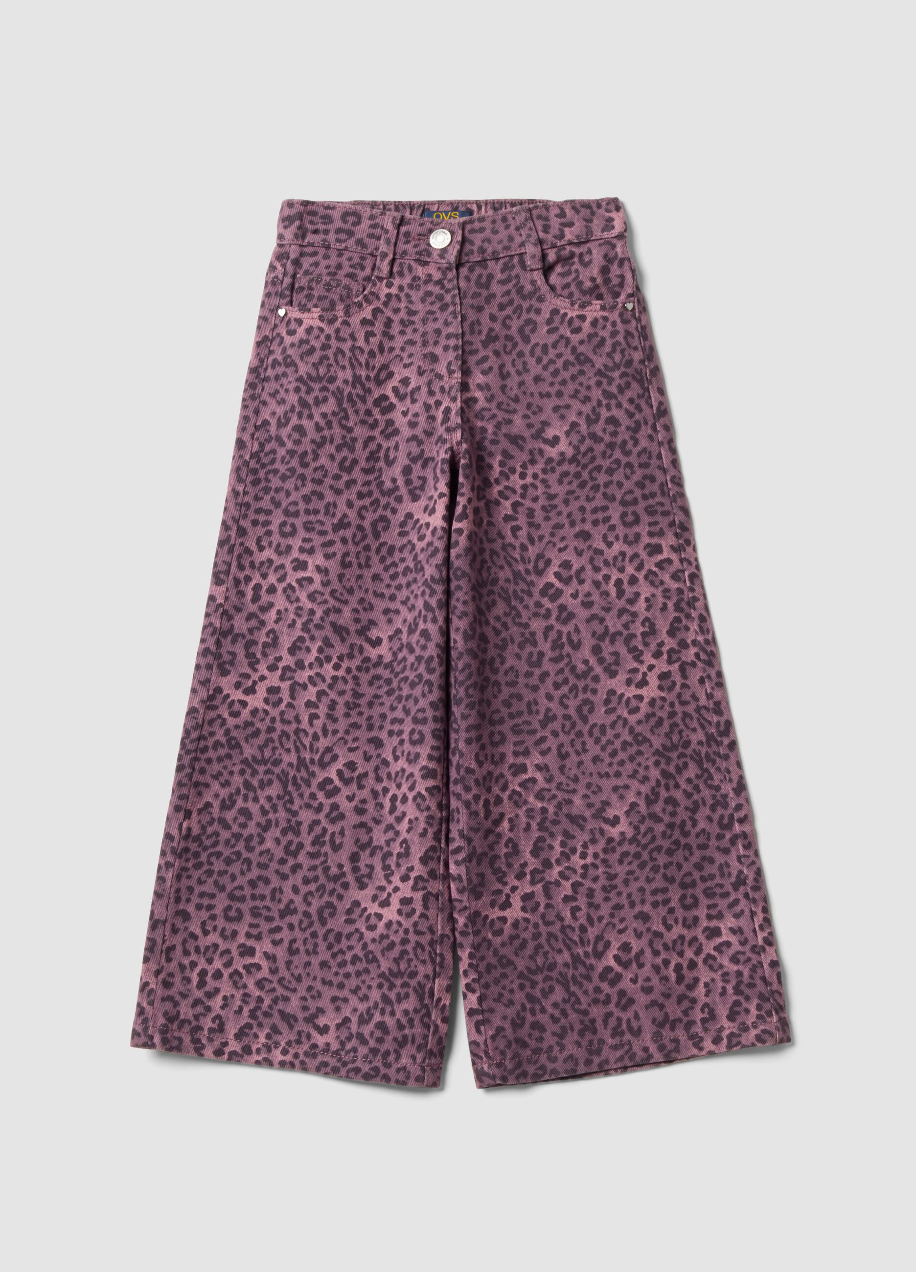 Purple wide-leg pure cotton trousers with animal print for girls