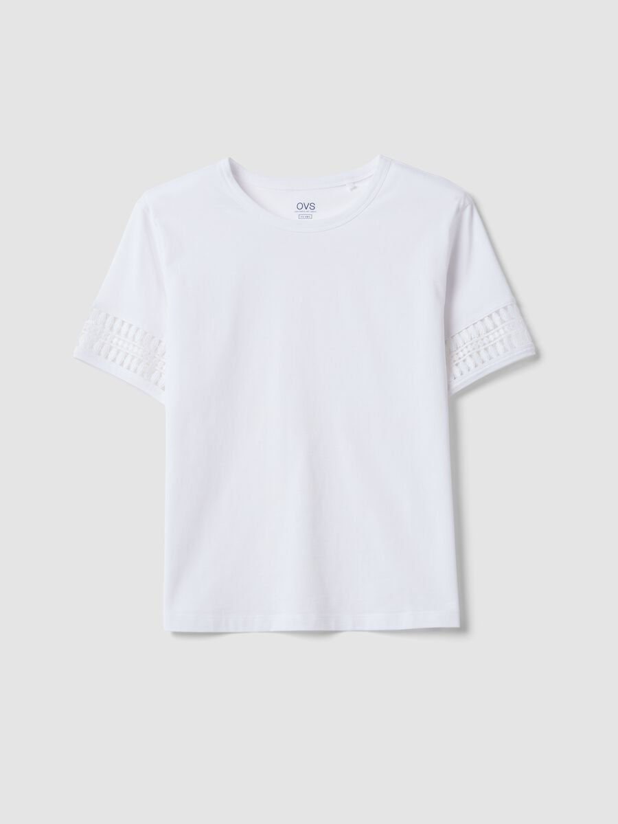 White pure cotton T-shirt with lace sleeves_4