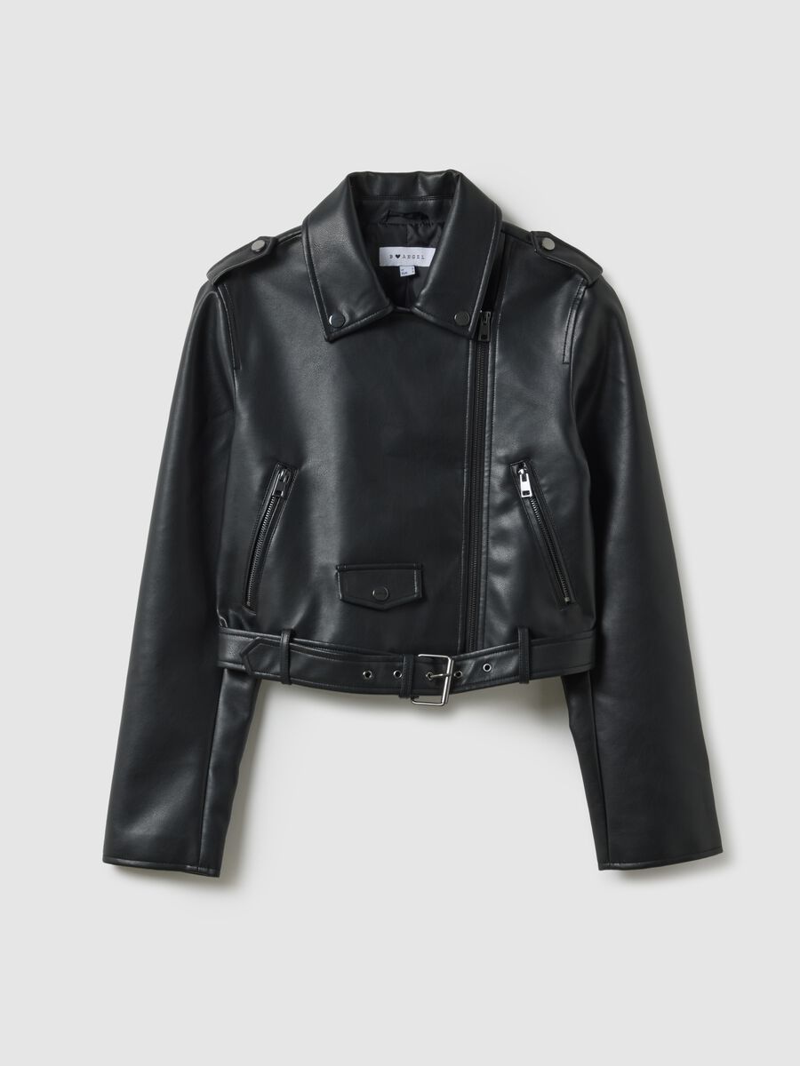 Black biker jacket regular fit with metallic details and diagonal zip_5