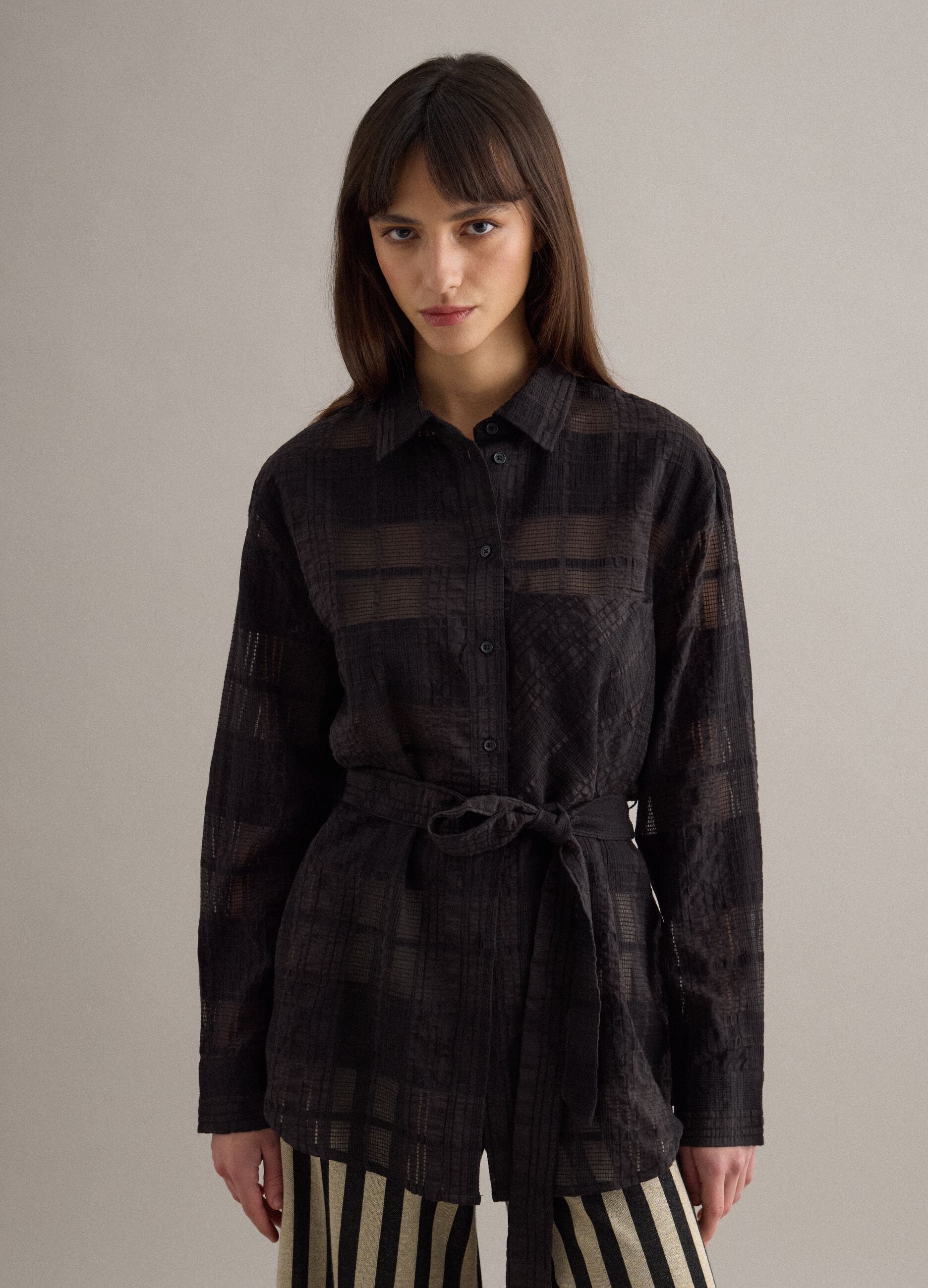Black viscose blend oversized fit check semi-transparent shirt