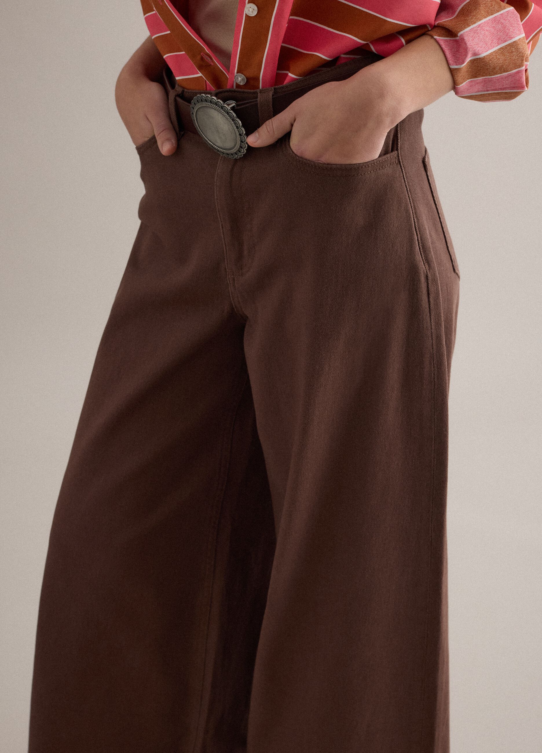 Brown stretch cotton flare trousers