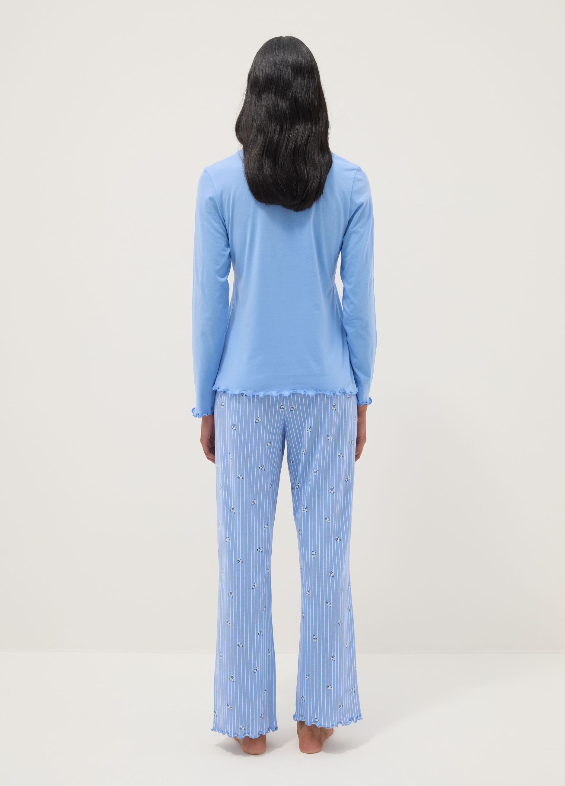 Sky blue pure cotton regular fit pyjamas with ruffles