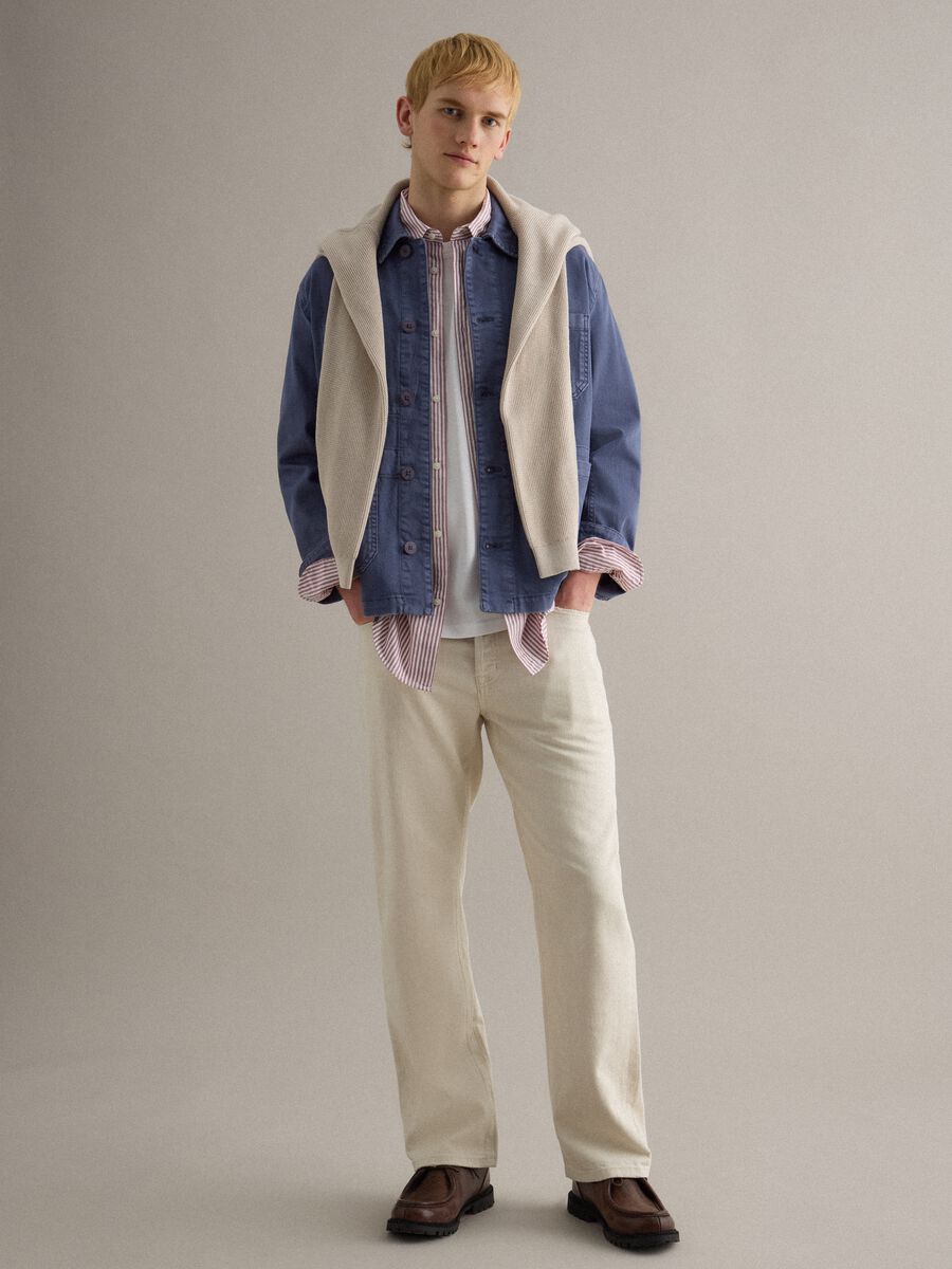 Regular fit blue stretch cotton jacket with collar and buttons_2