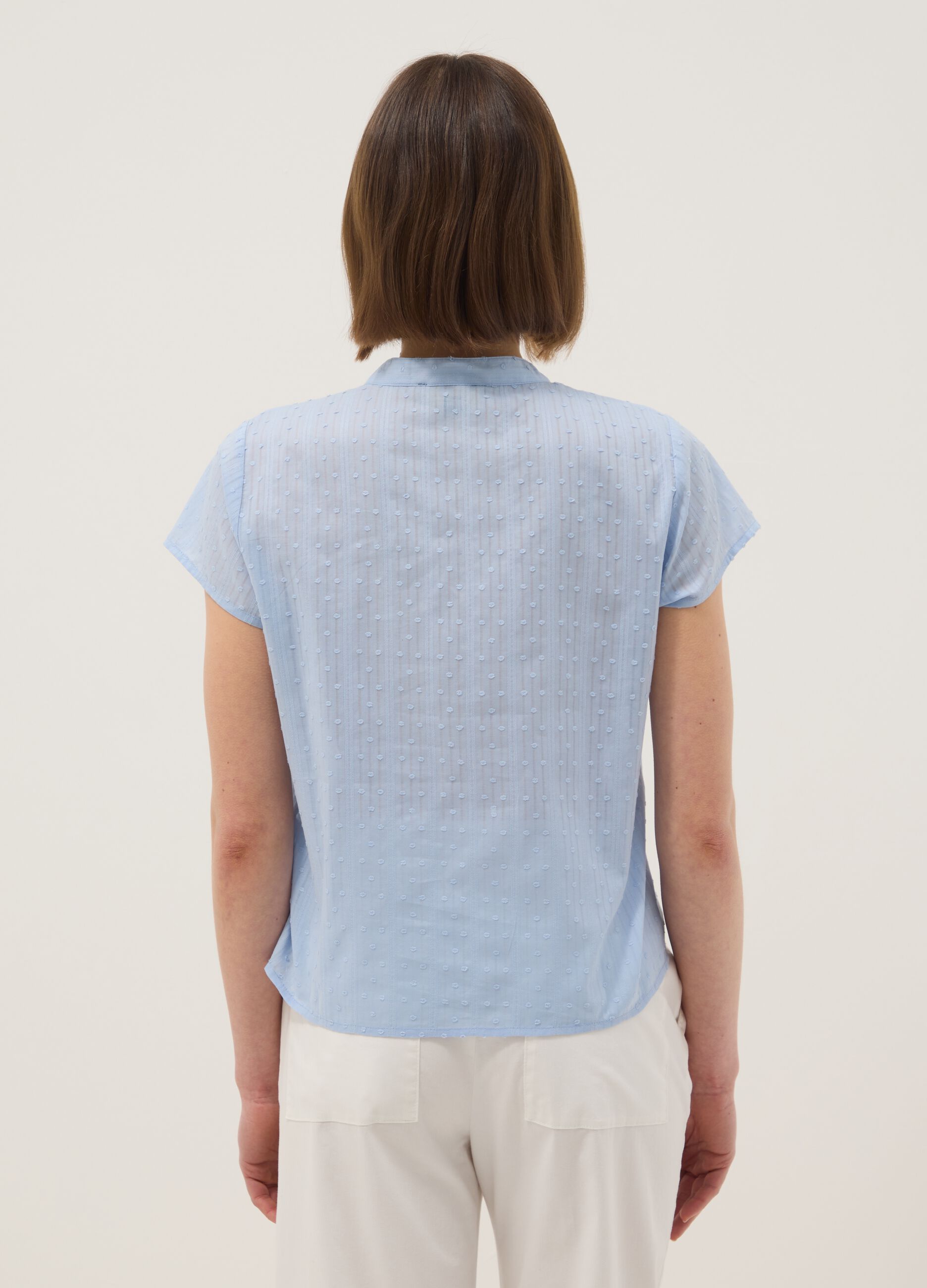 Light blue pure cotton regular fit deep V shirt with transparency