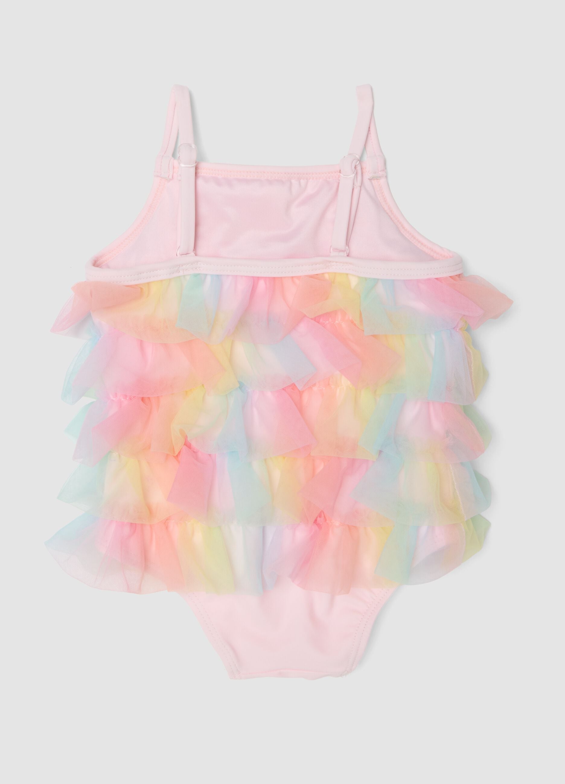 Pink one-piece swimsuit with tulle frills for baby girls
