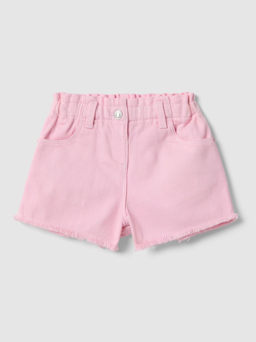 Girl's pink pure cotton shorts, regular fit with fringes_0