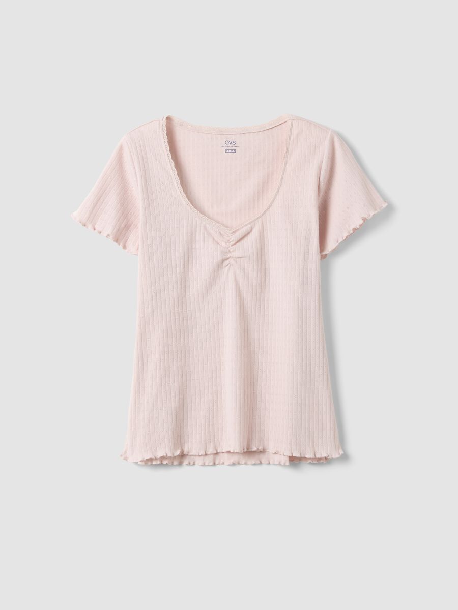 Pink pure cotton pyjama T-shirt, regular fit, with ruched details_4