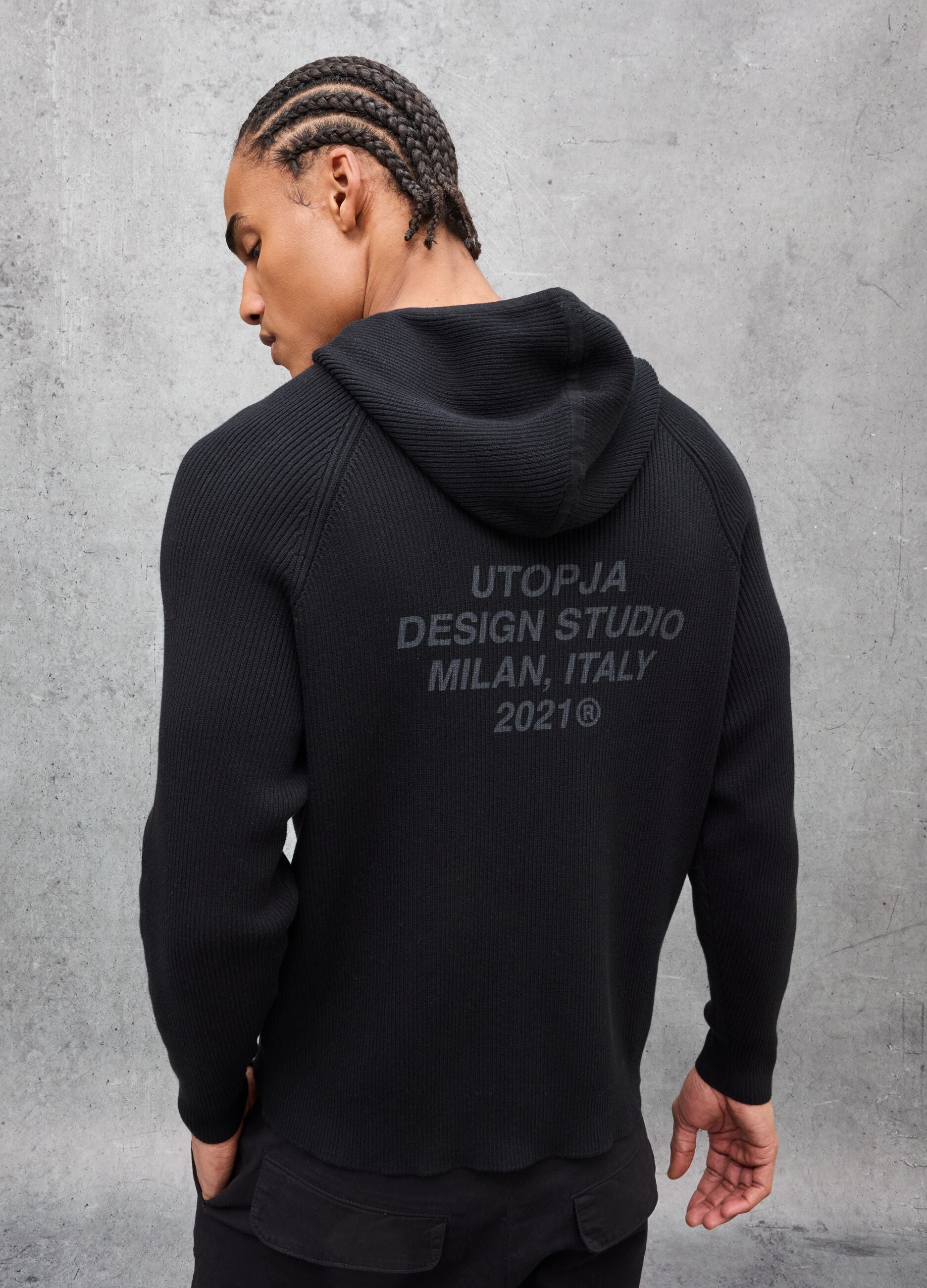 Black Ribbed Knit Hoodie