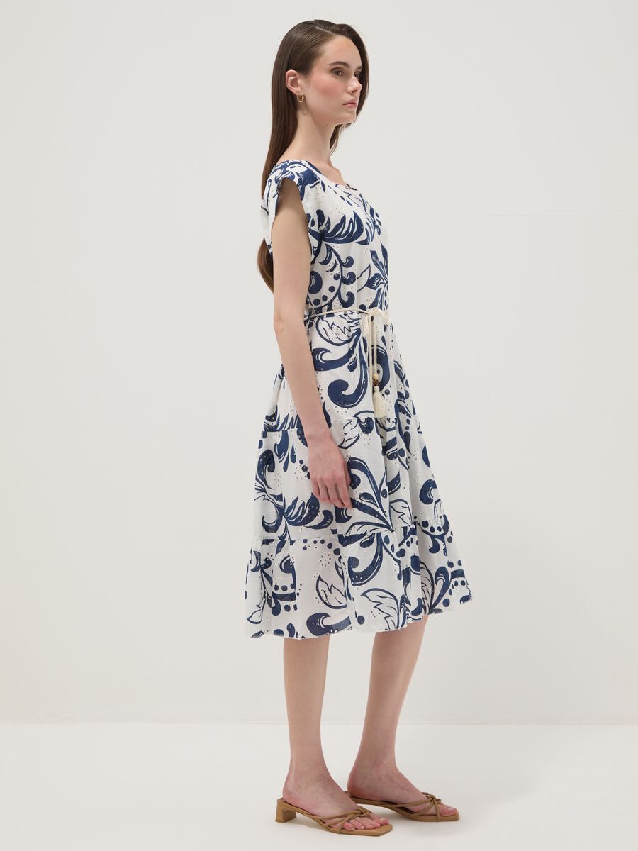 Blue and white pure cotton dress with all-over print and rope belt_0