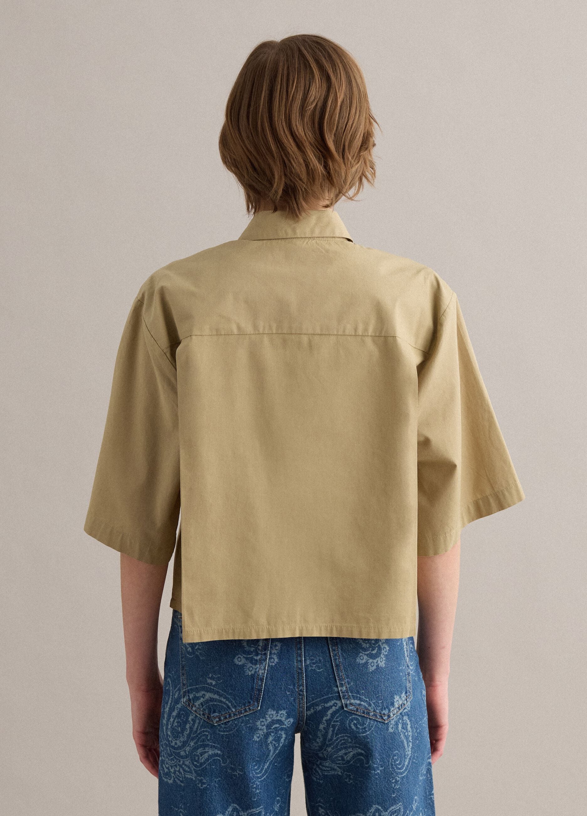Beige pure cotton shirt with chest pocket, oversized fit