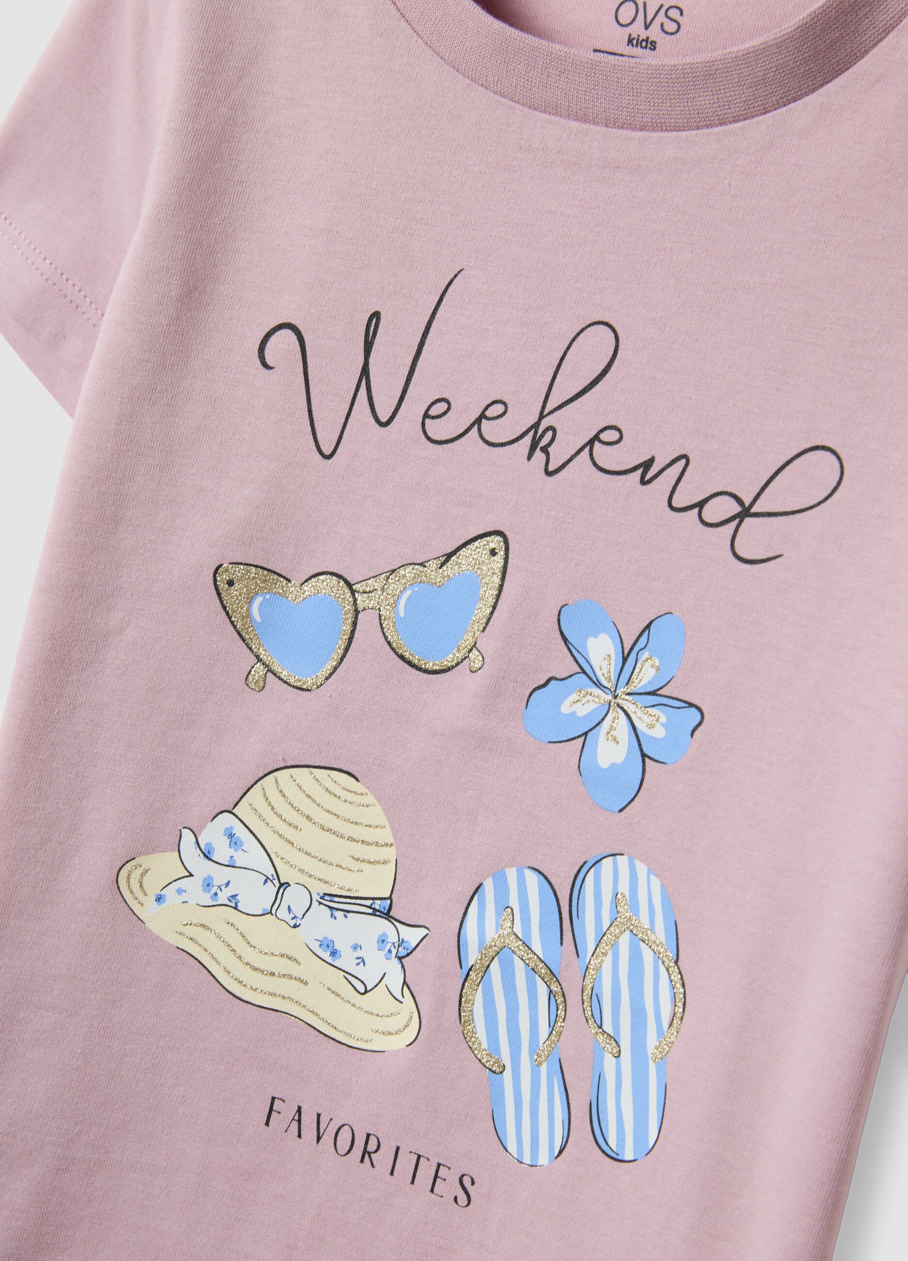 Girls&rsquo; pink organic cotton T-shirt with print and glitter