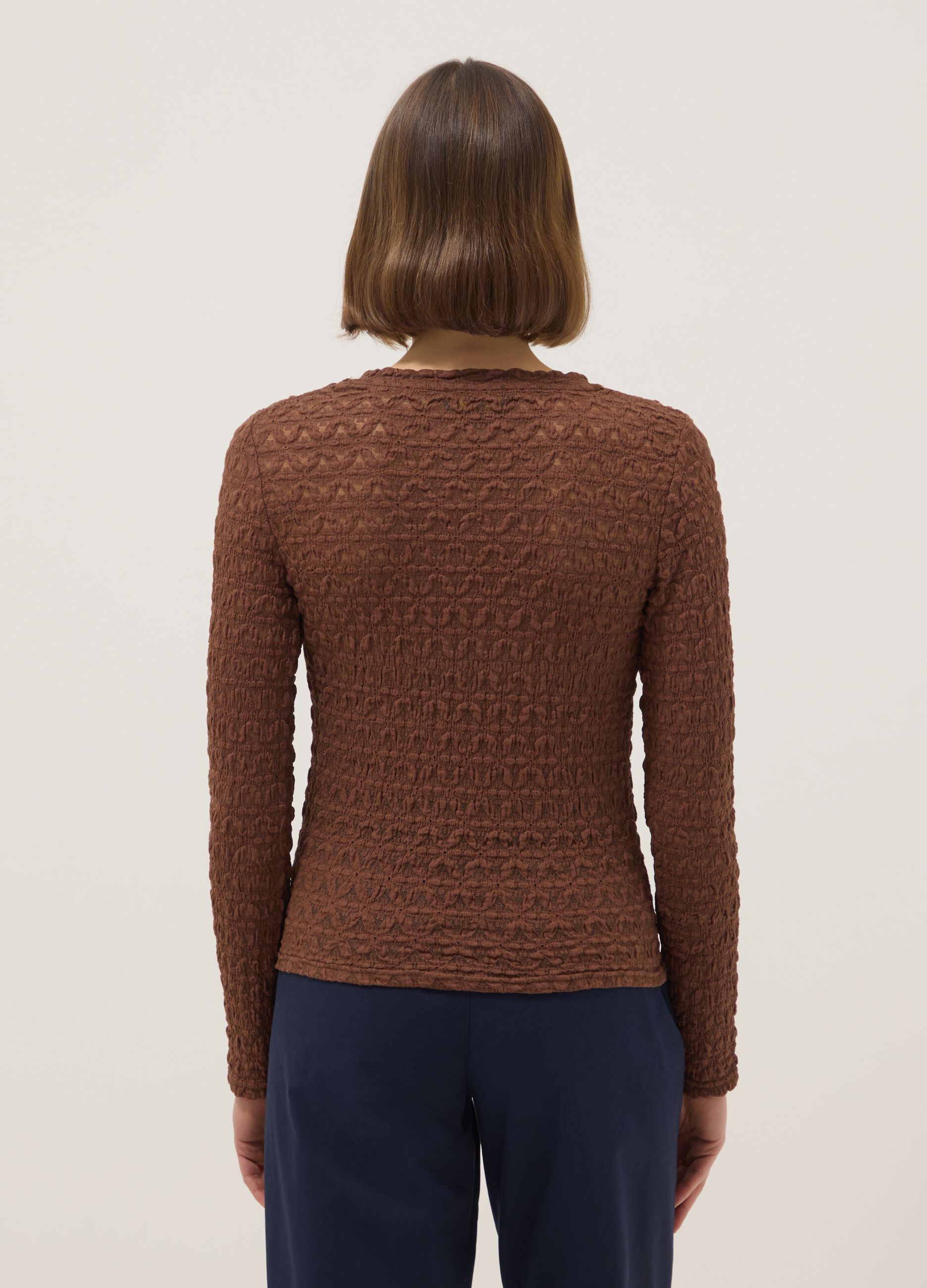 Brown cotton and viscose blend sweater regular fit with knit texture