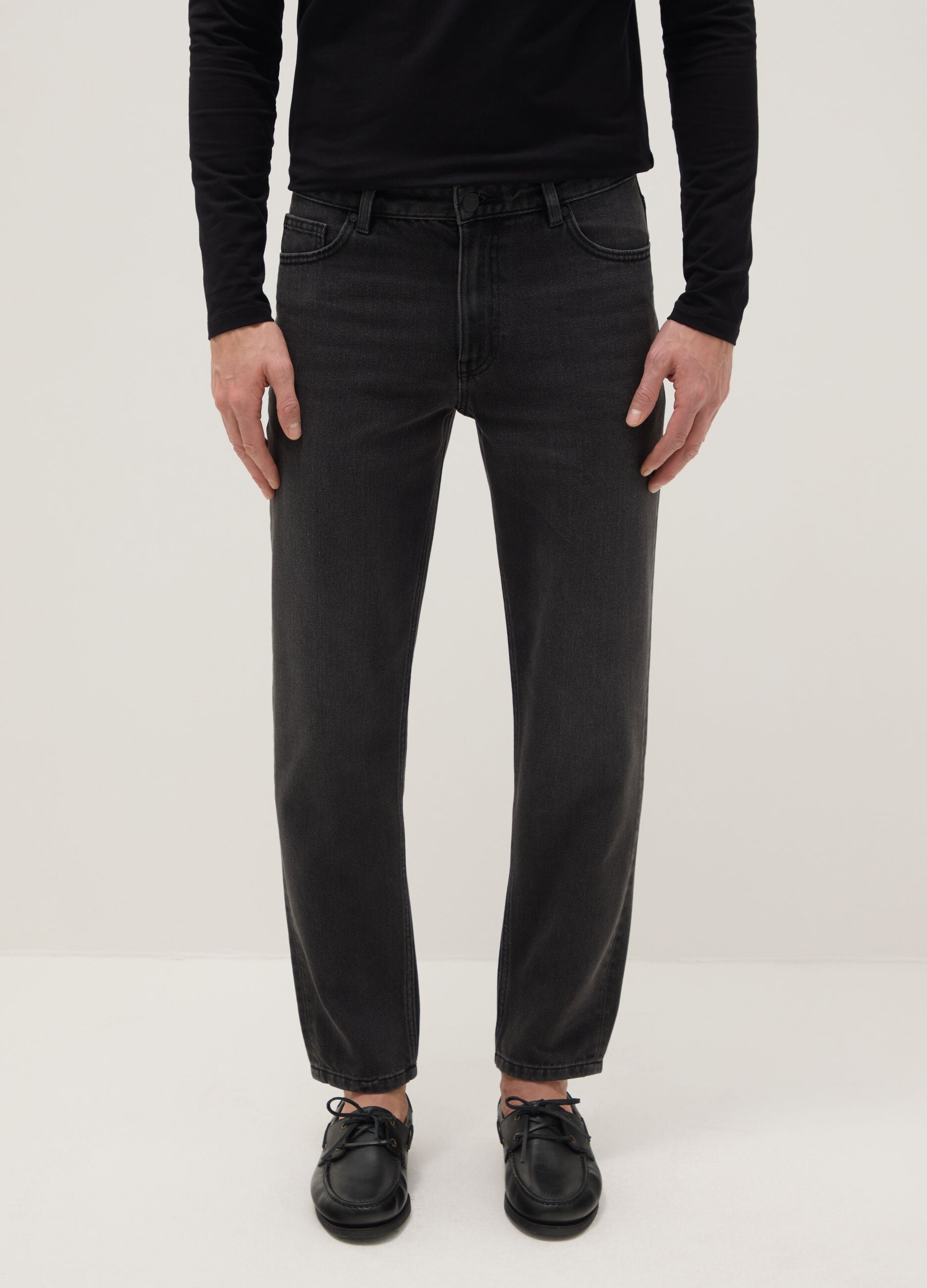 Black denim cotton blend regular fit stretch jeans