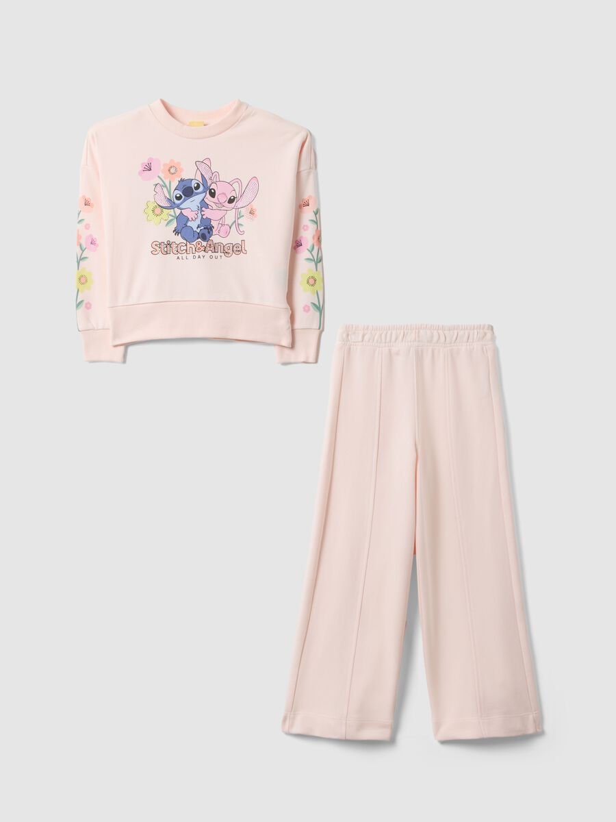 Pink cotton blend sweatshirt and trousers set for girls with Stitch & Angel_0