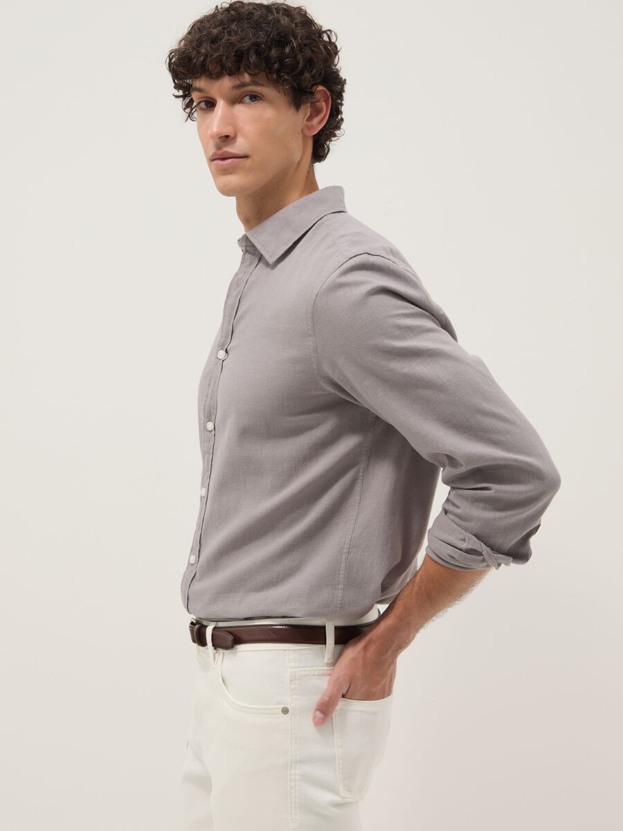 Grey linen-cotton blend shirt with regular fit_0