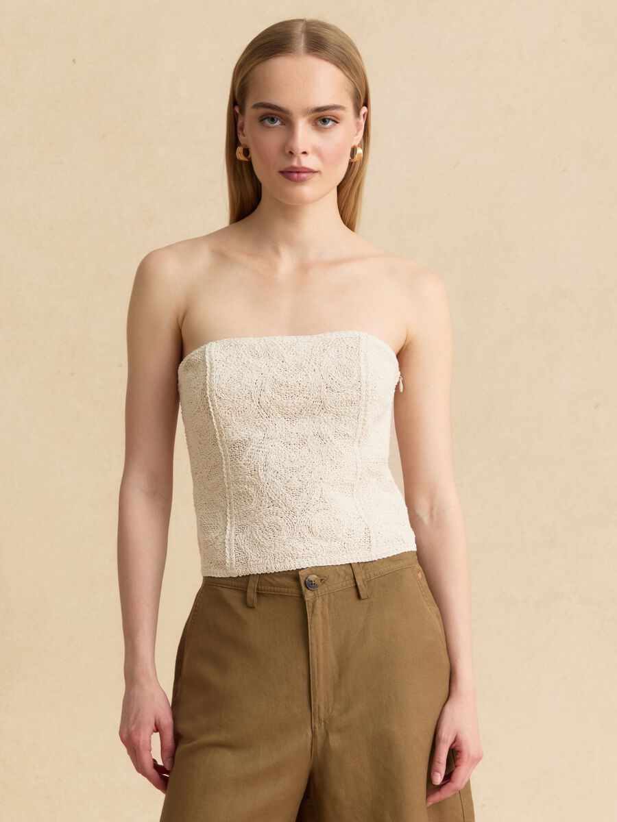 Beige strapless cotton-blend top, regular fit with textured knit_0