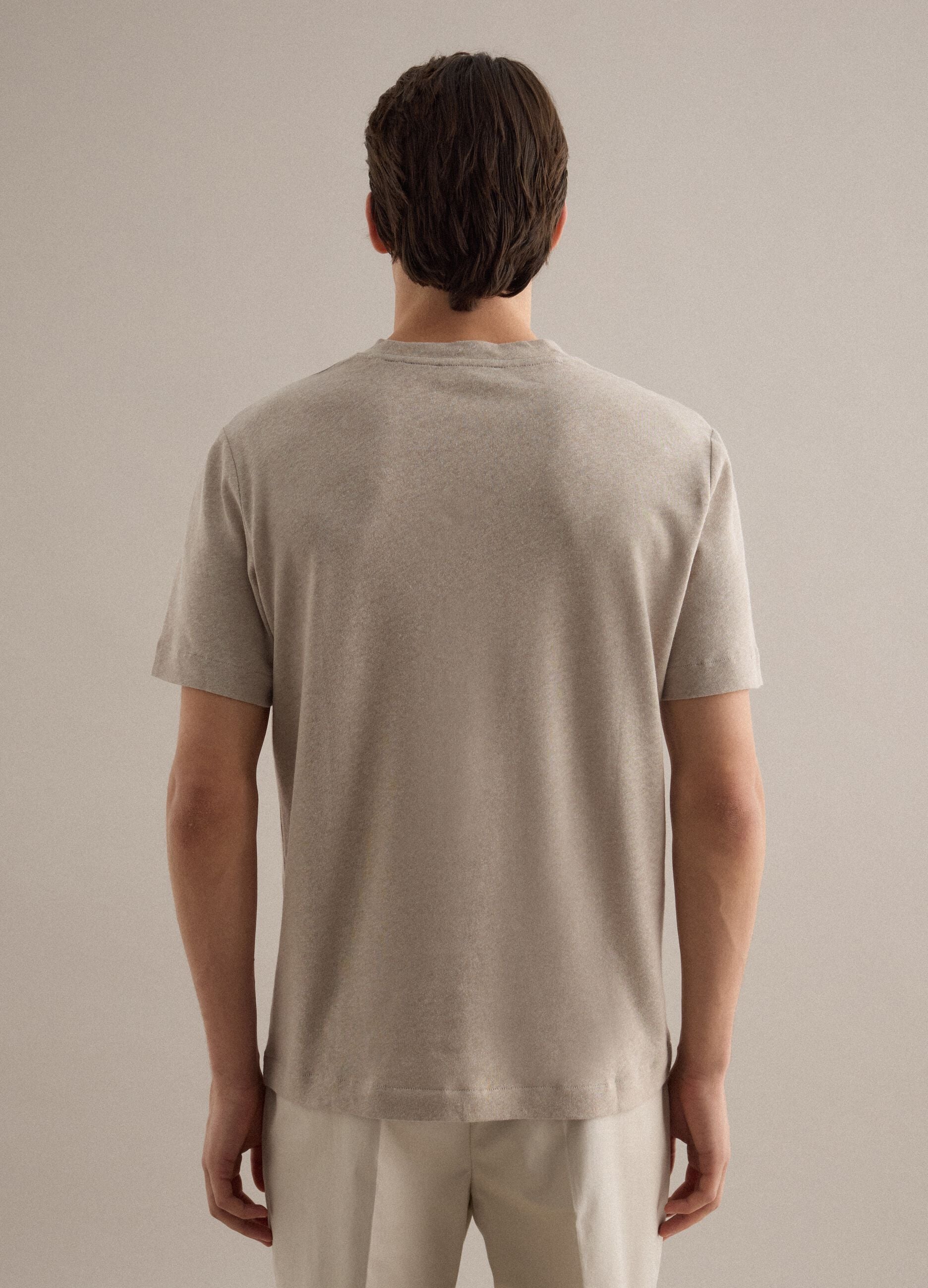 Beige linen-cotton blend regular fit t-shirt