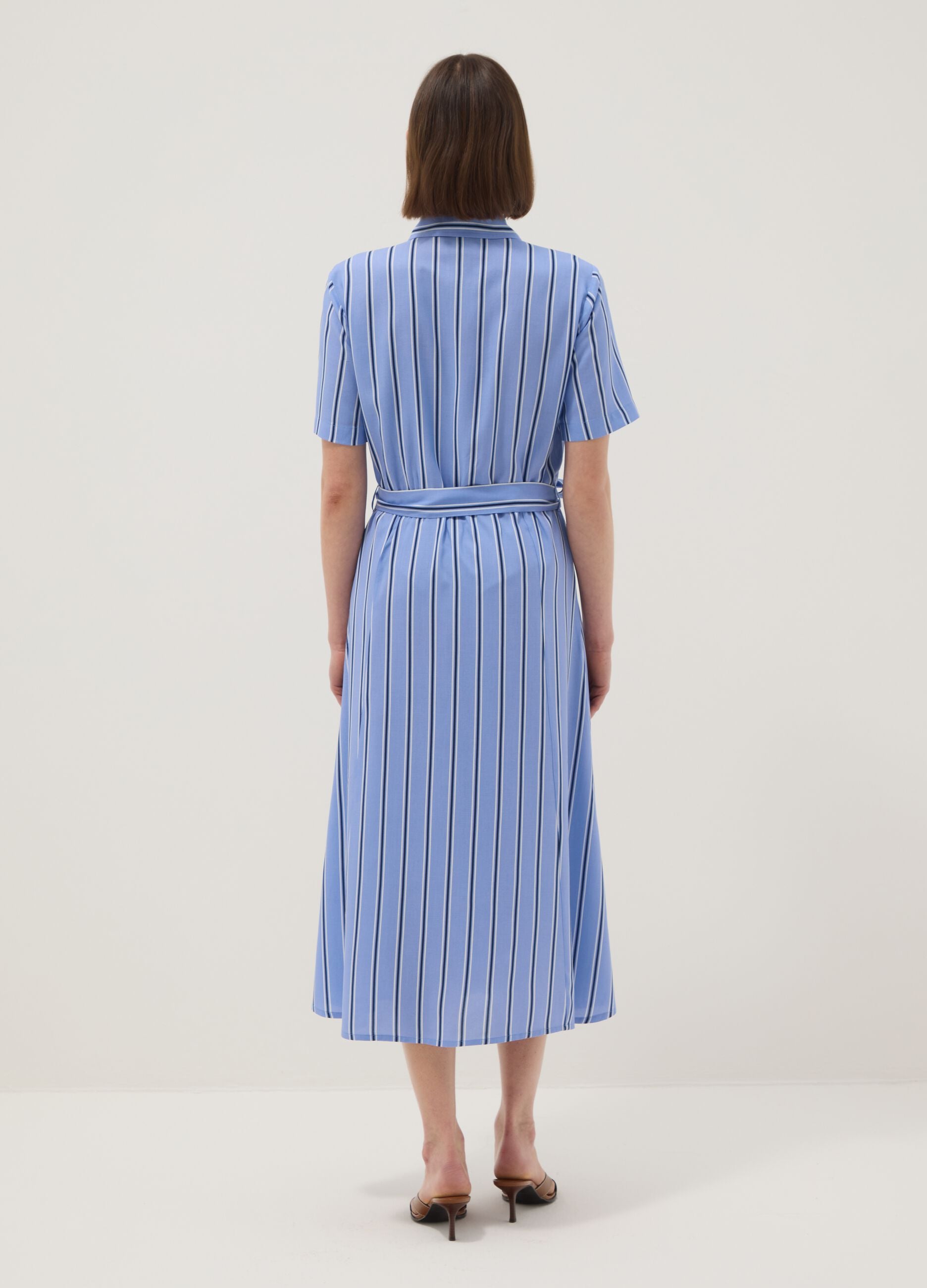 Pure viscose multicolour striped regular fit dress with belt