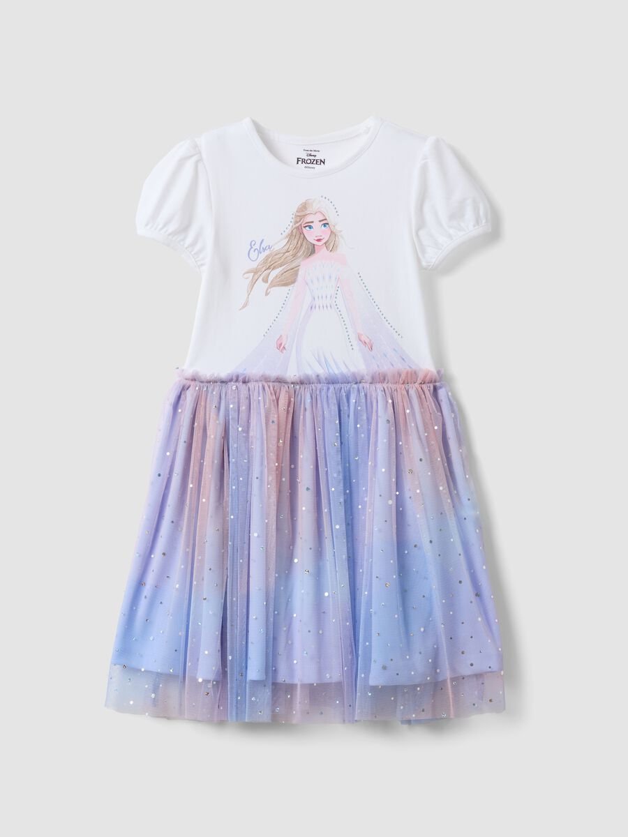 Girls&rsquo; white stretch cotton dress with tulle skirt_0