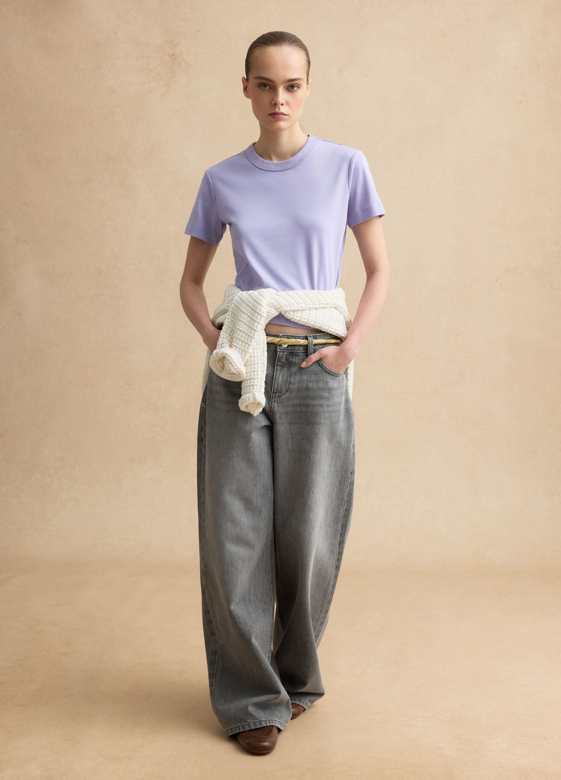 Purple short-sleeved cotton blend T-shirt regular fit