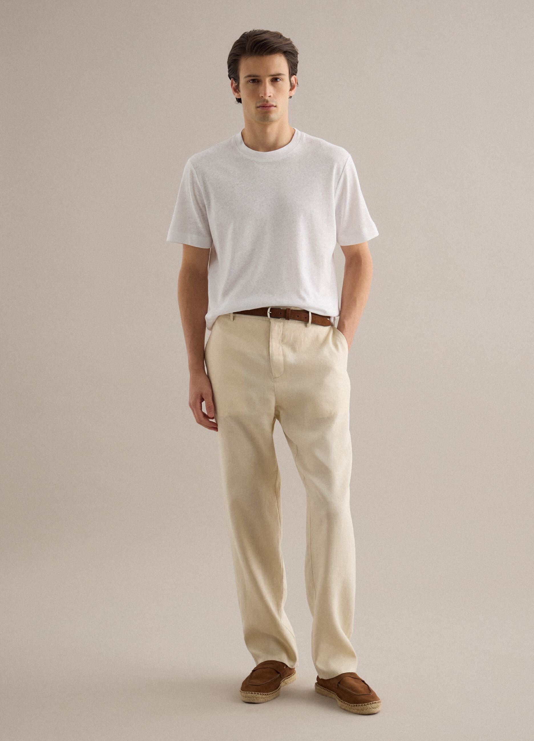 White regular fit linen and cotton blend T-shirt