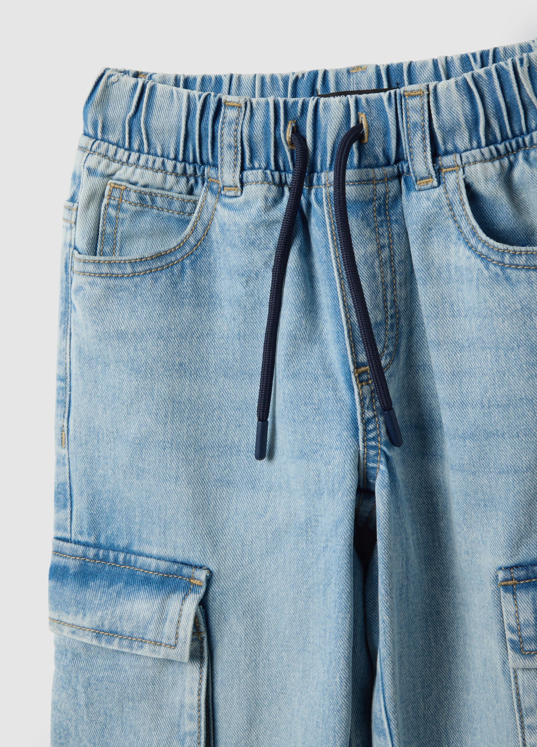 Blue pure cotton regular fit cargo pocket trousers for boys