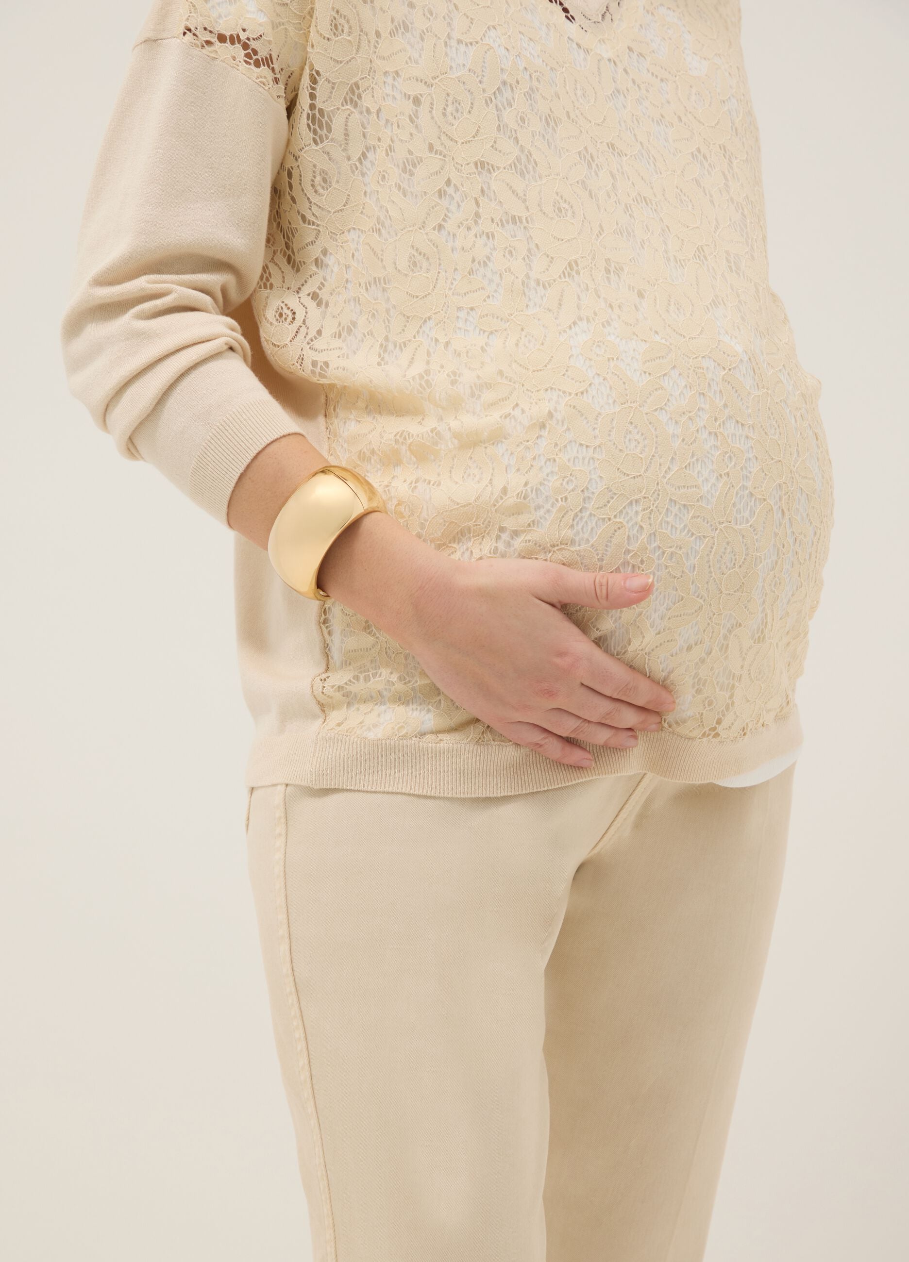 Beige maternity sweater in viscose blend with lace detailing