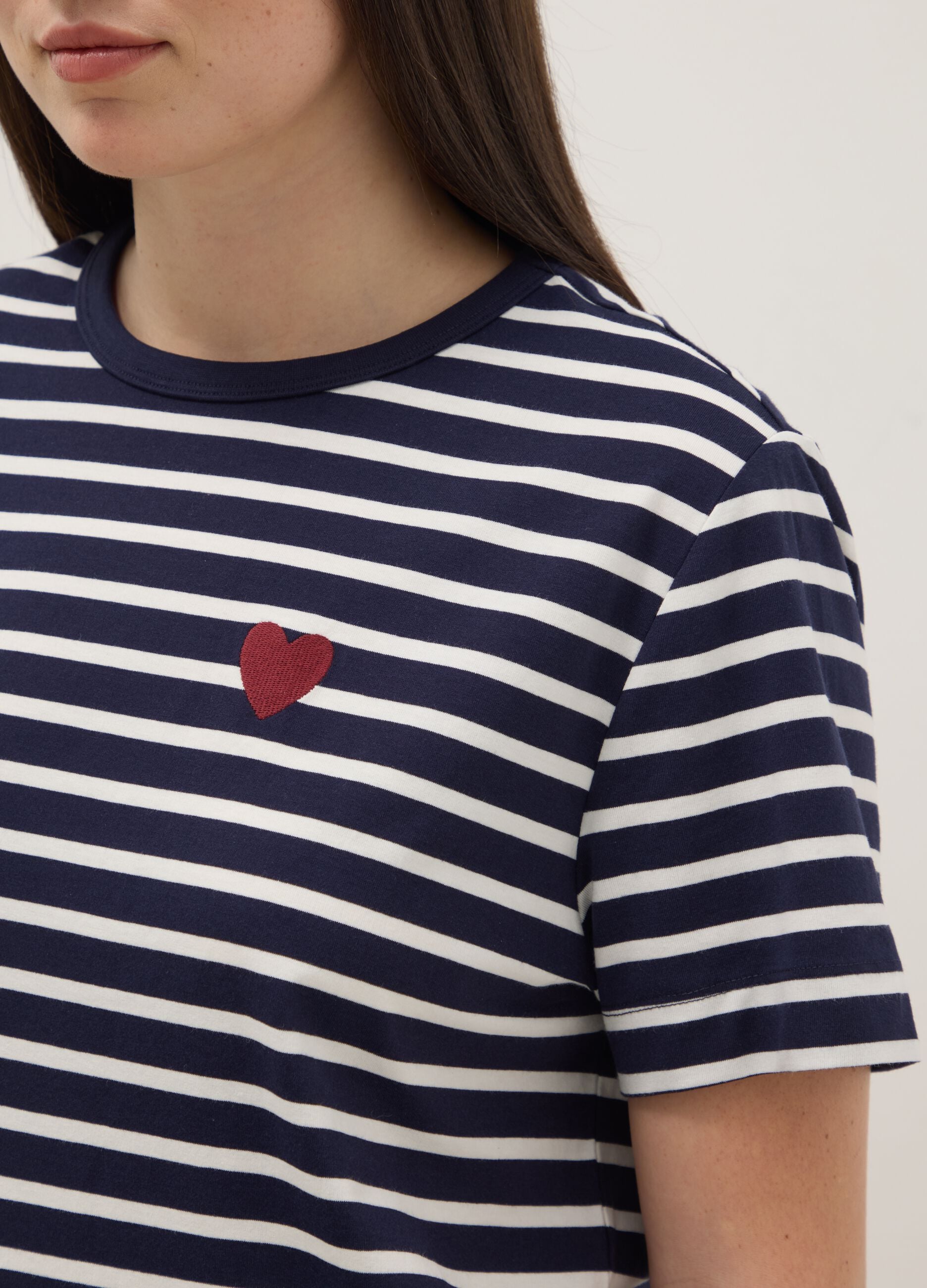 Multicolor striped regular fit stretch cotton t-shirt with heart