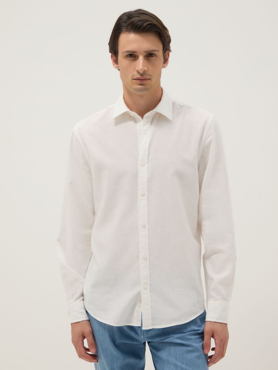 Camicia in misto lino e cotone bianca regular fit_0