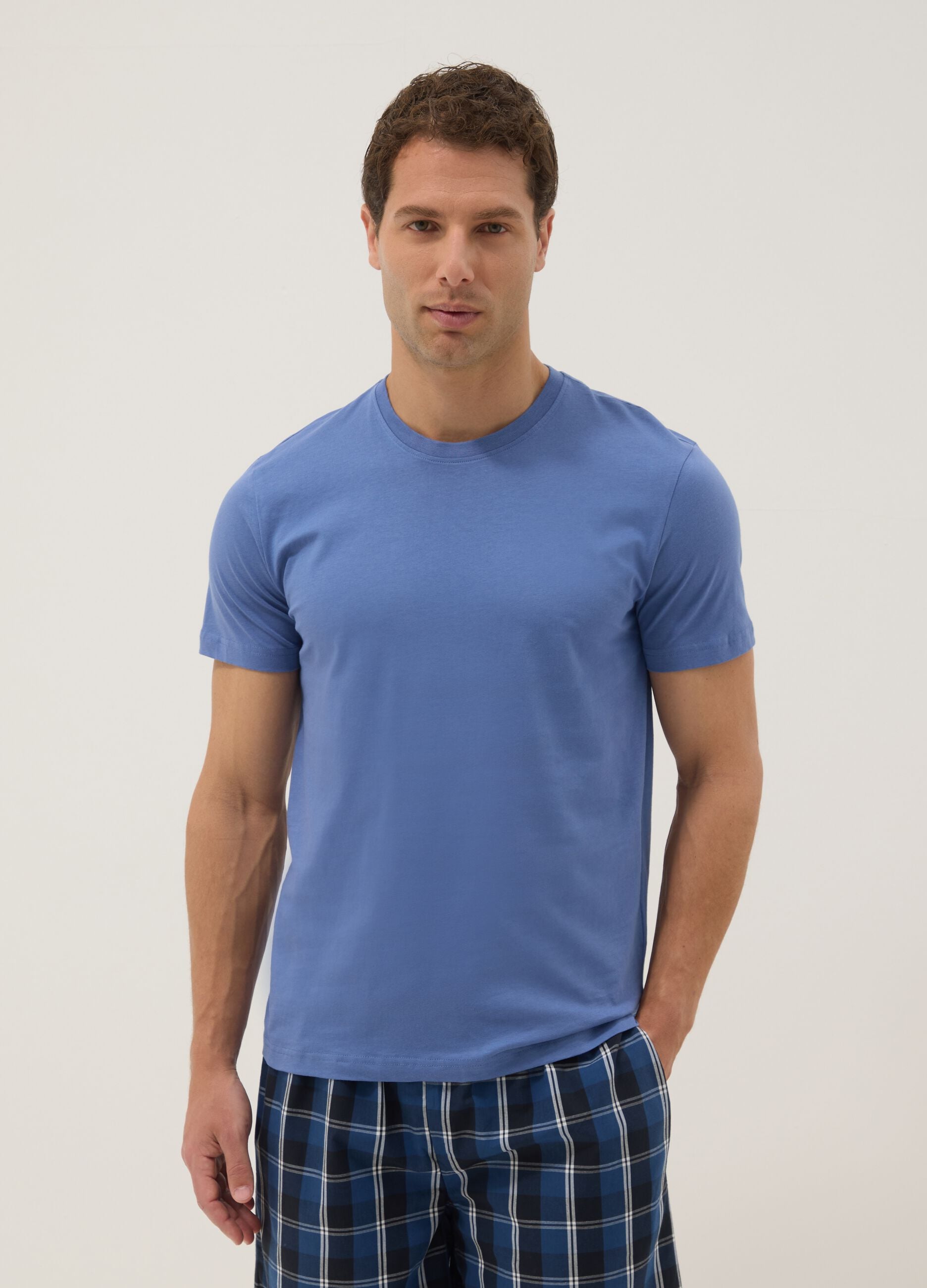 Regular fit short blue checked pure cotton pyjamas
