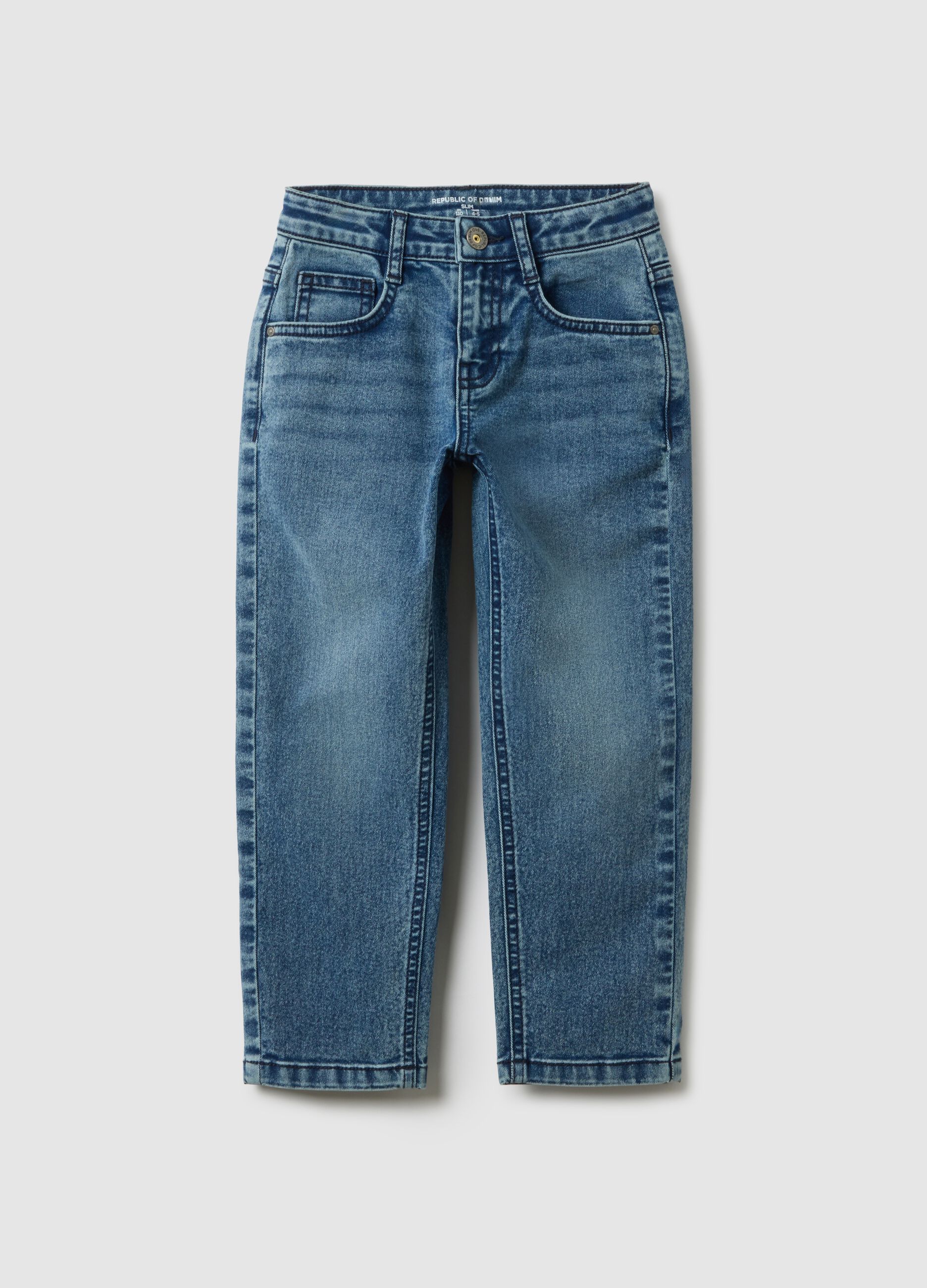 Slim fit stretch denim blue jeans for boys