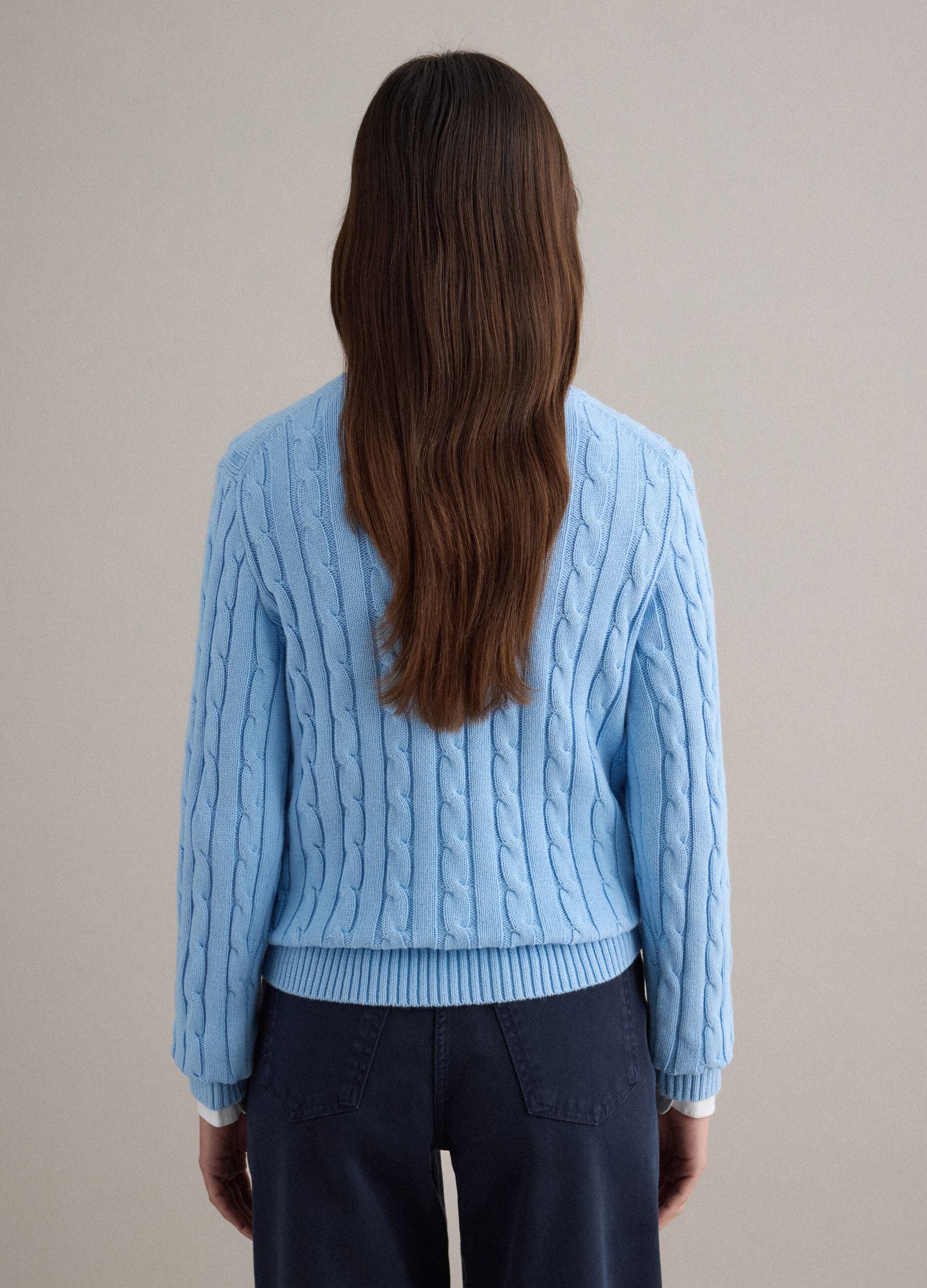 Blue pure cotton regular fit sweater with cable knit