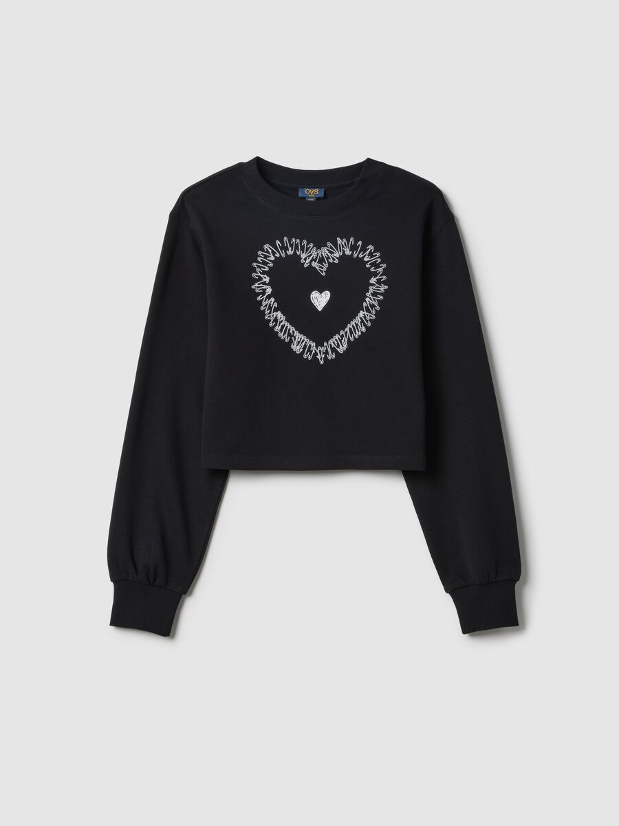 Girl's regular fit black pure cotton sweatshirt with embroidered heart_3