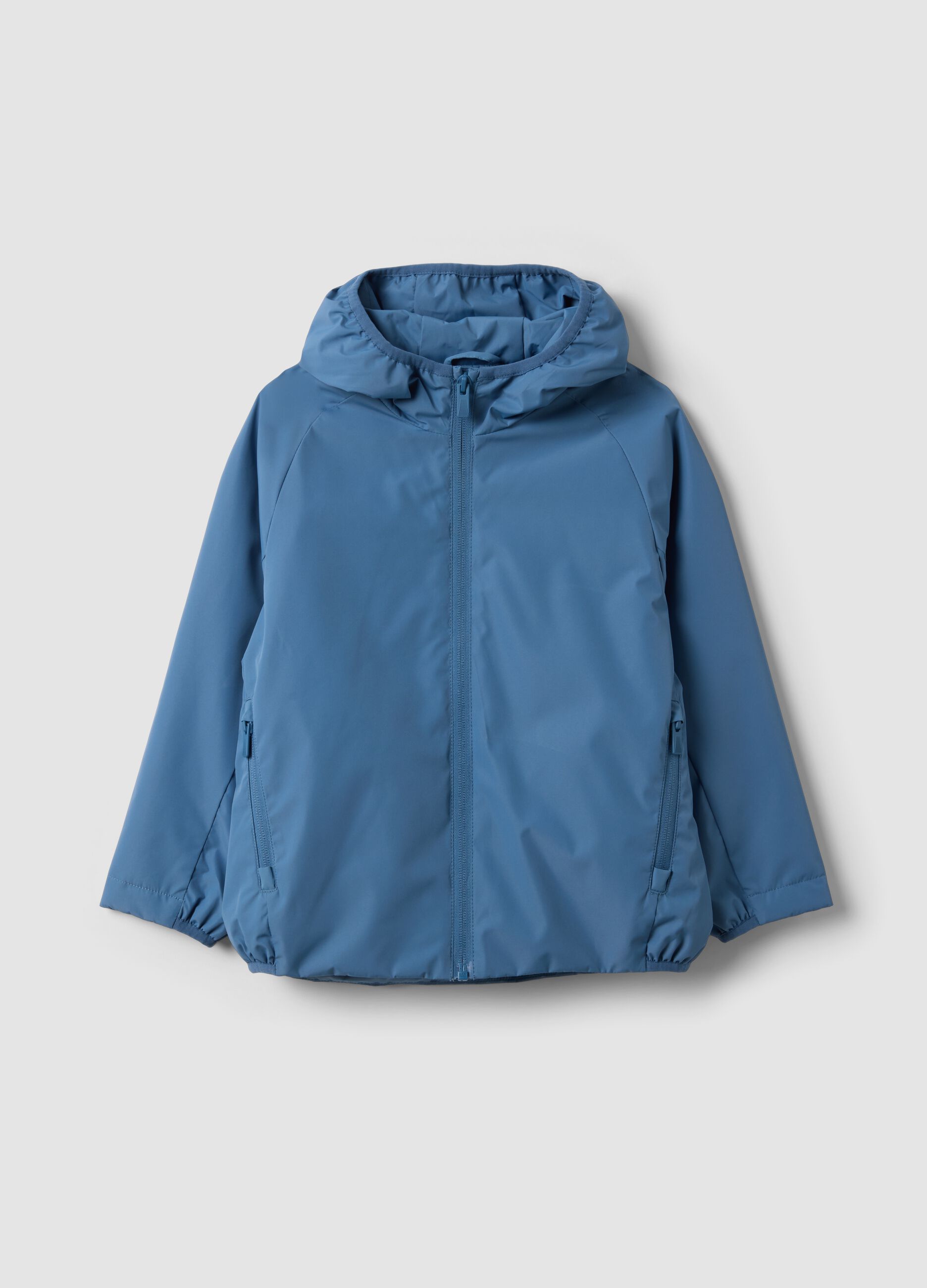 Blue kids&rsquo; rain jacket with hood and zip