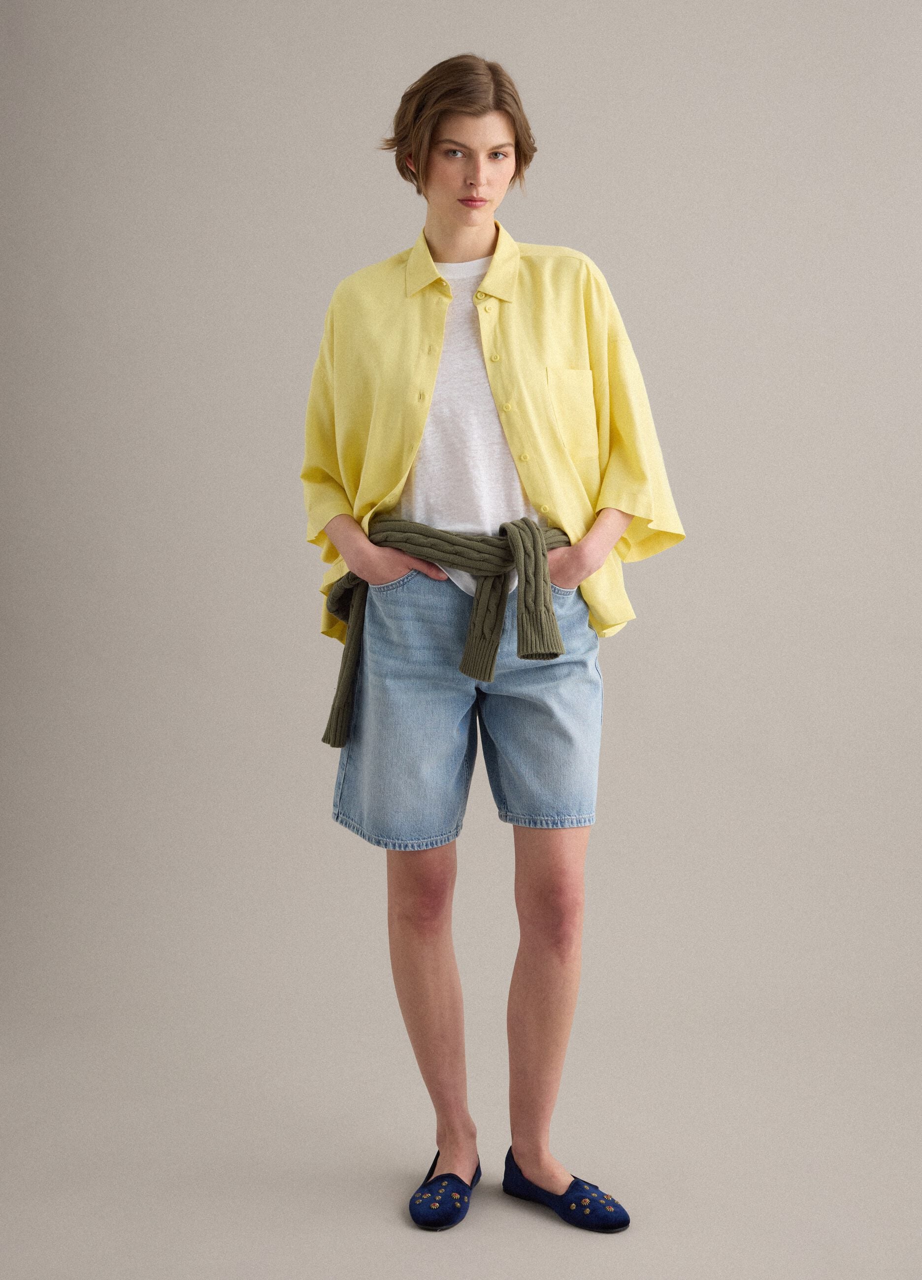 Yellow viscose-linen blend oversized shirt