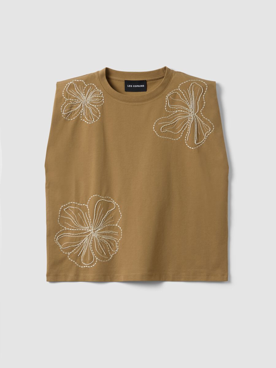 T-shirt senza maniche in misto cotone marrone regular fit con ricami_4