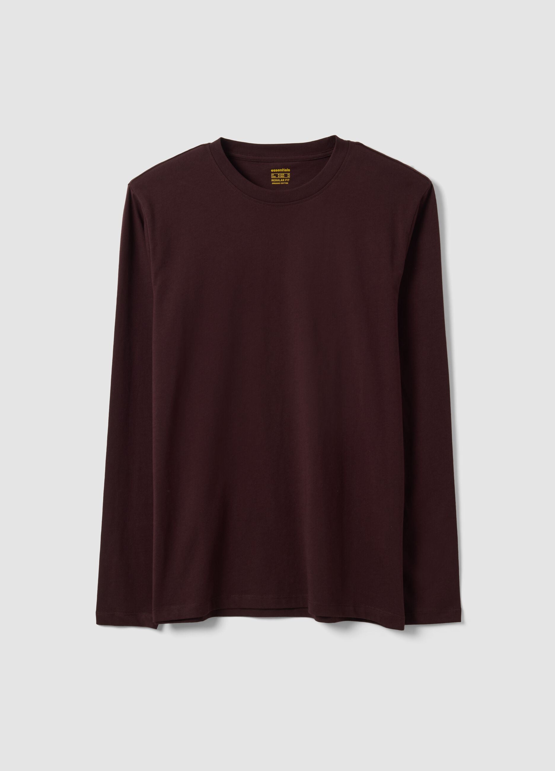 Brown long-sleeved pure organic cotton crew-neck T-shirt