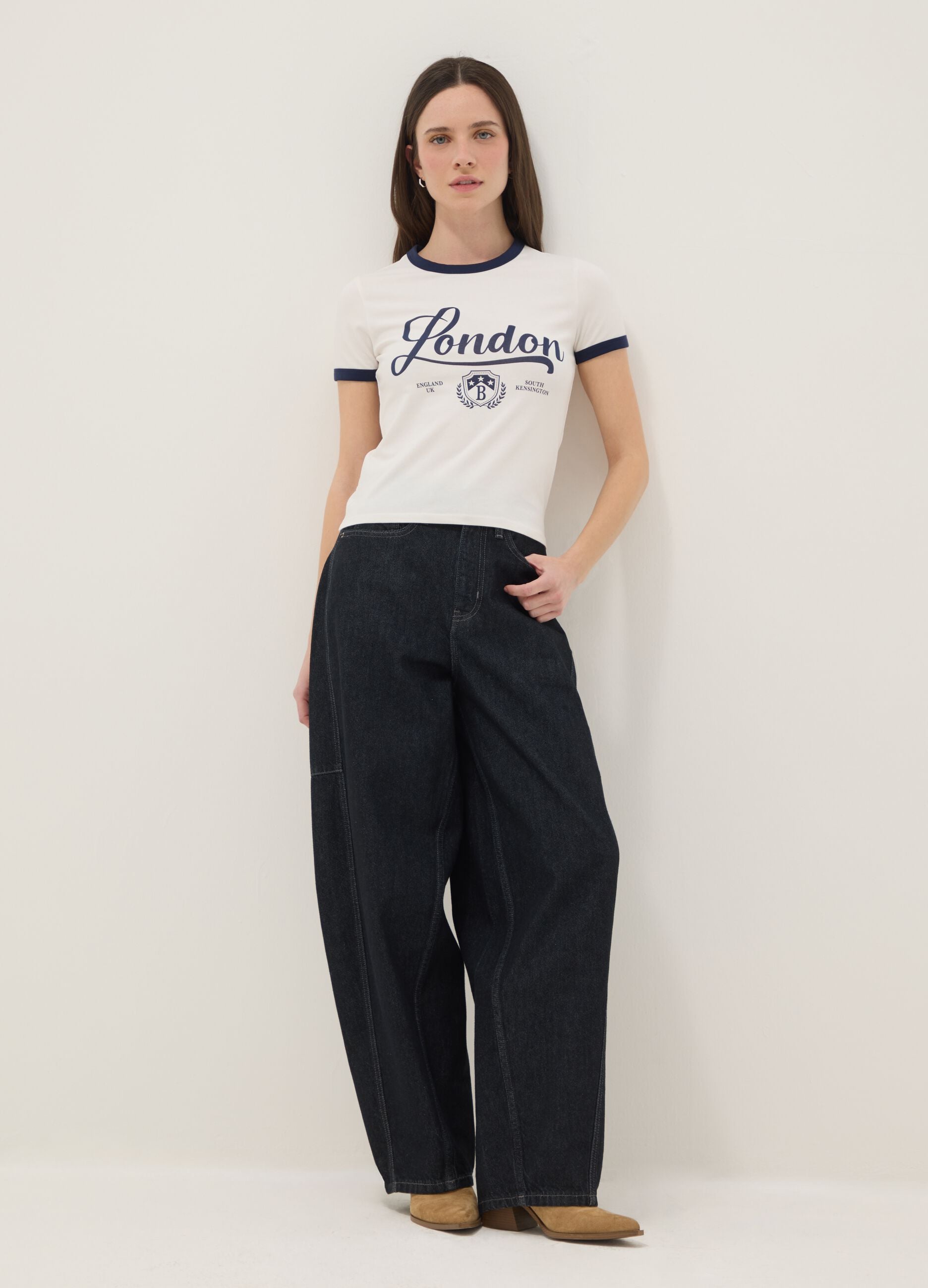 White stretch cotton T-shirt regular fit with blue print