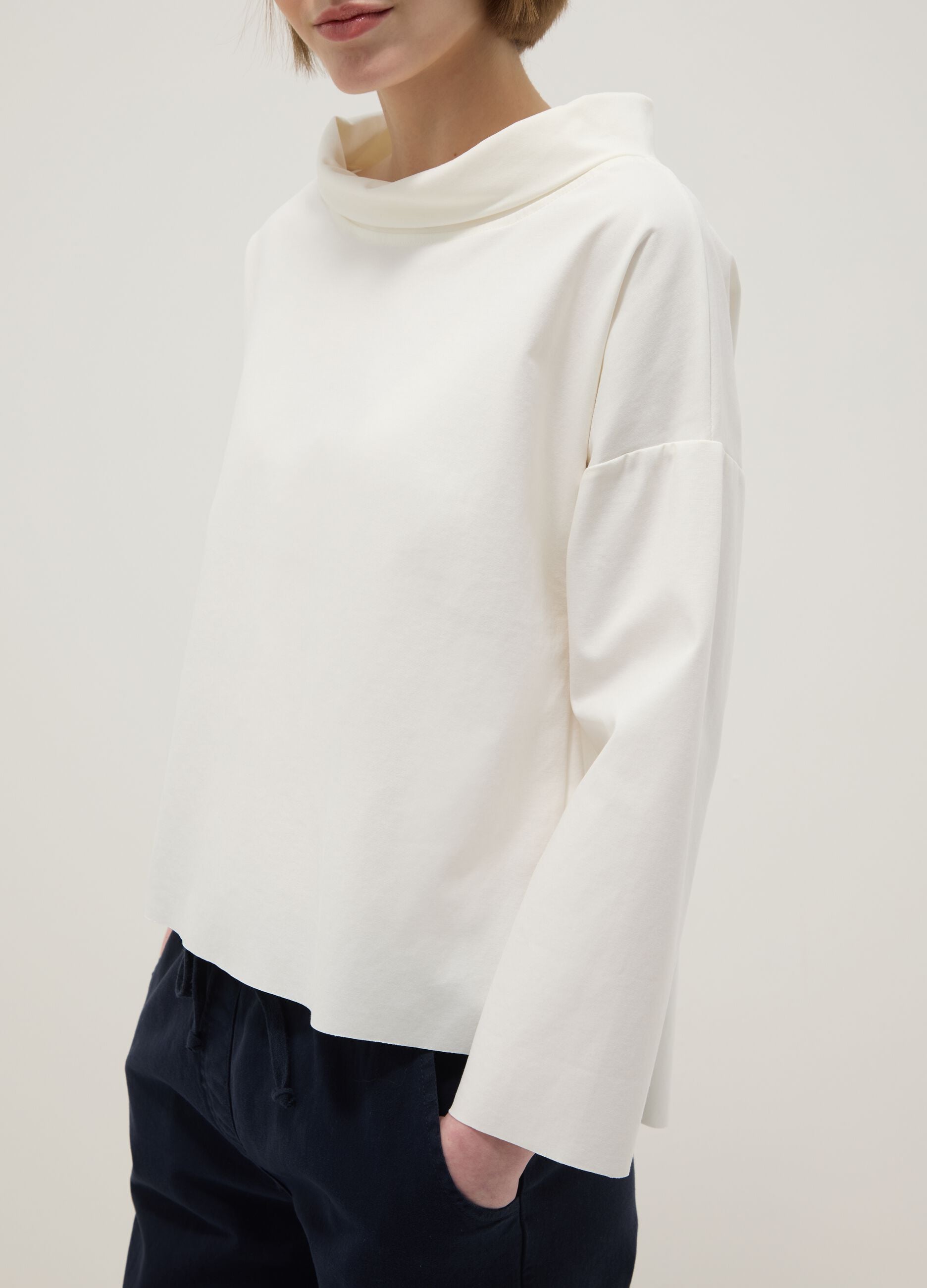 White regular fit stretch cotton blend jumper with wide neckline