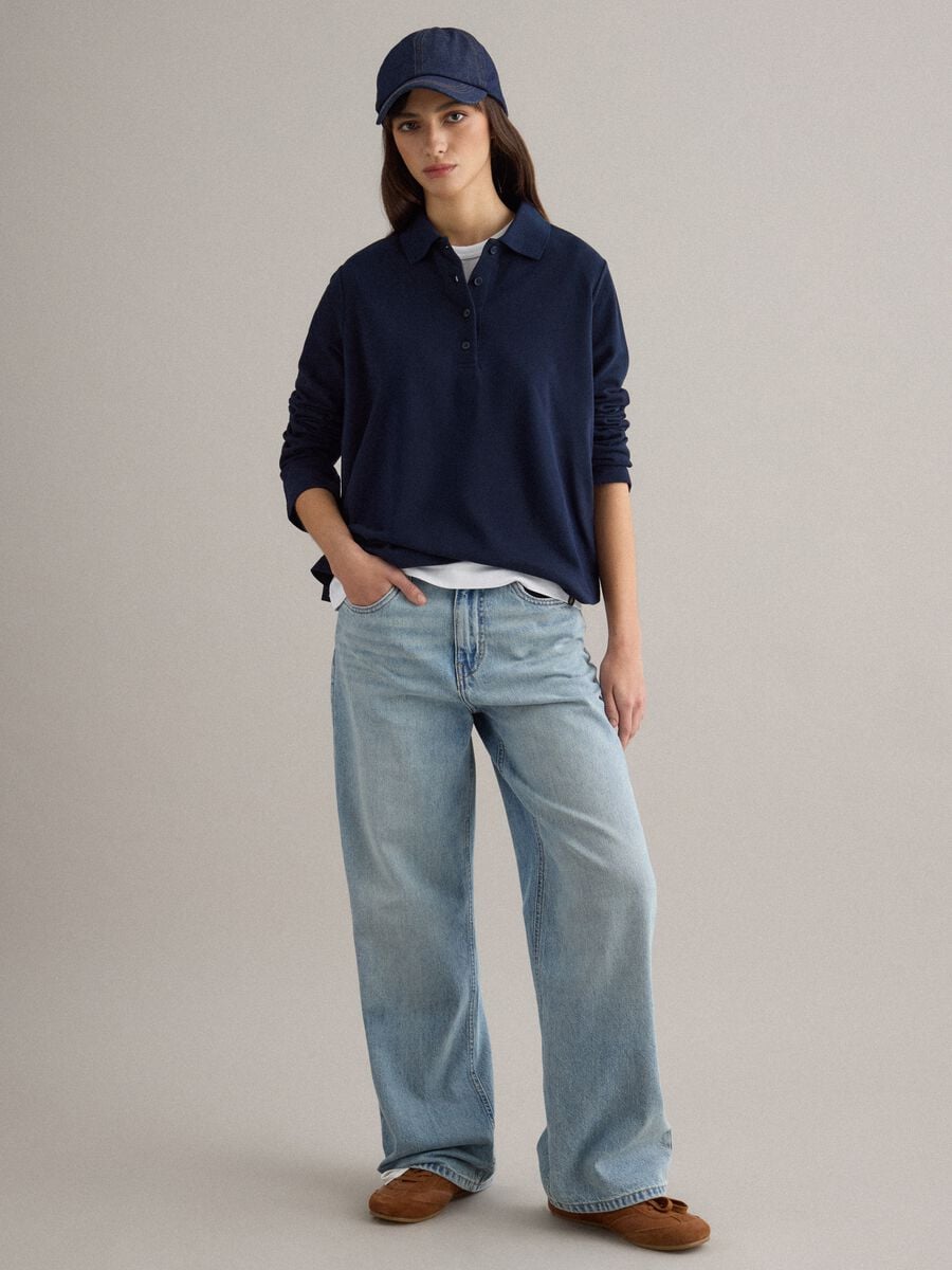 Long-sleeve blue polo shirt in pure cotton regular fit_2