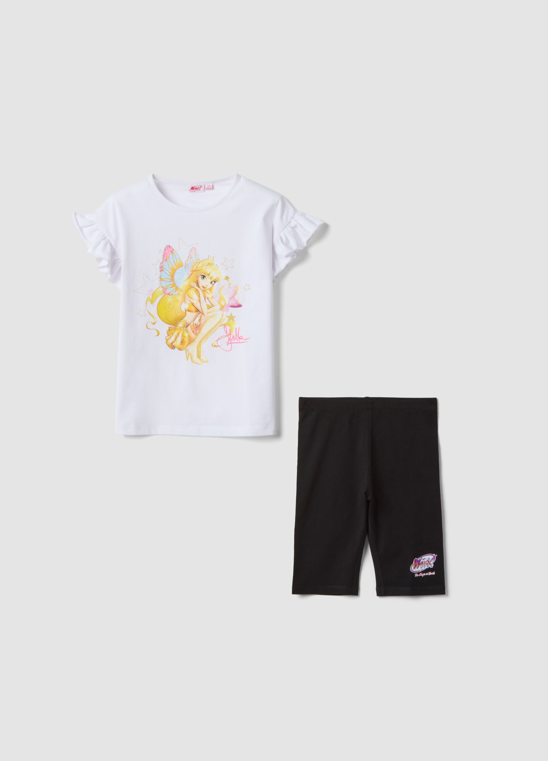 Black and white stretch cotton set with T-shirt and leggings for girls, regular fit