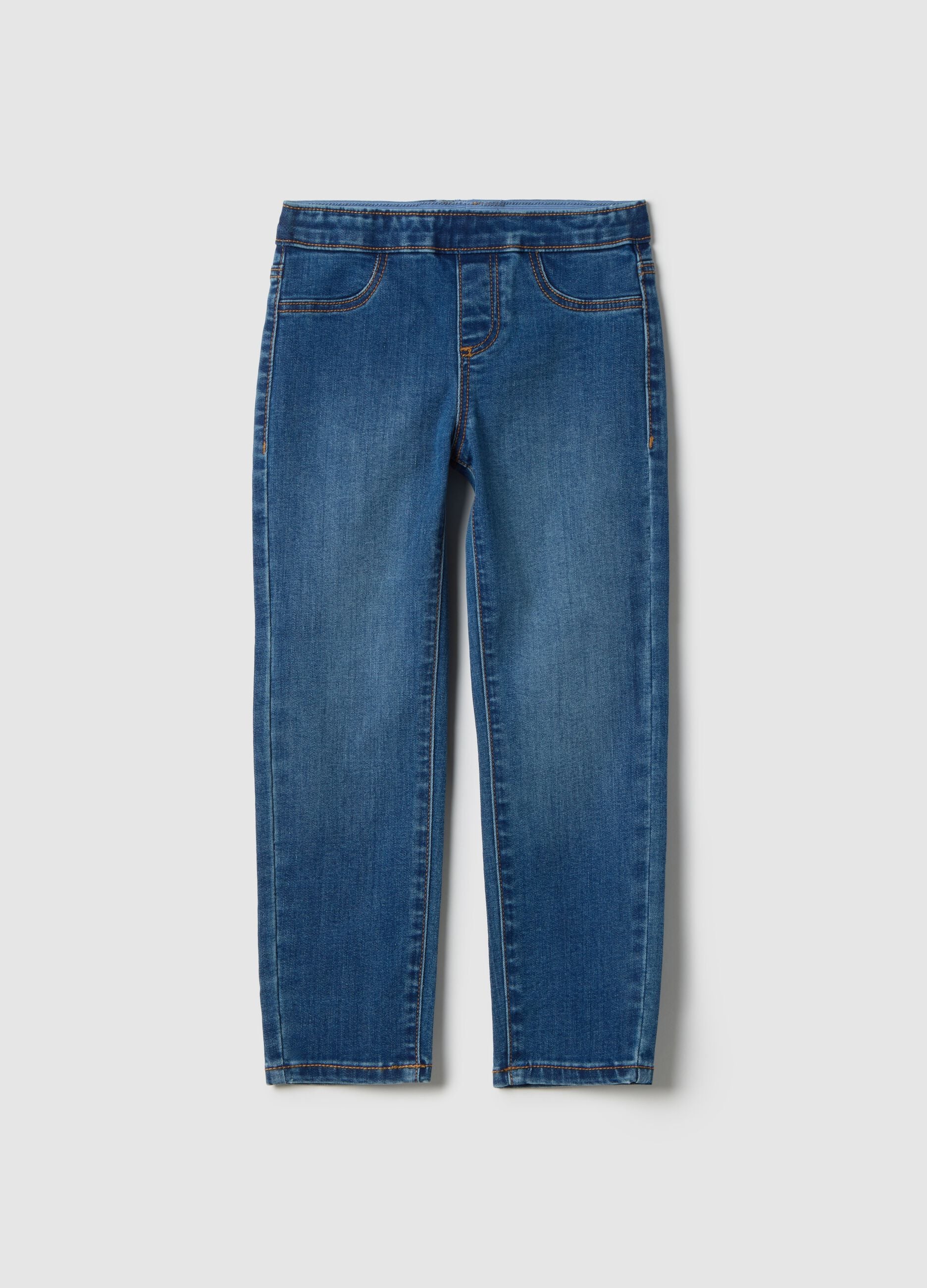 Girls' Blue Cotton Blend Skinny Fit Jeggings