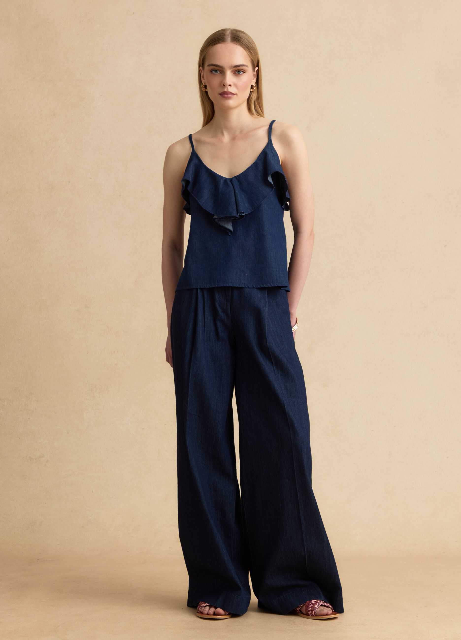 Blue pure cotton top with ruffle