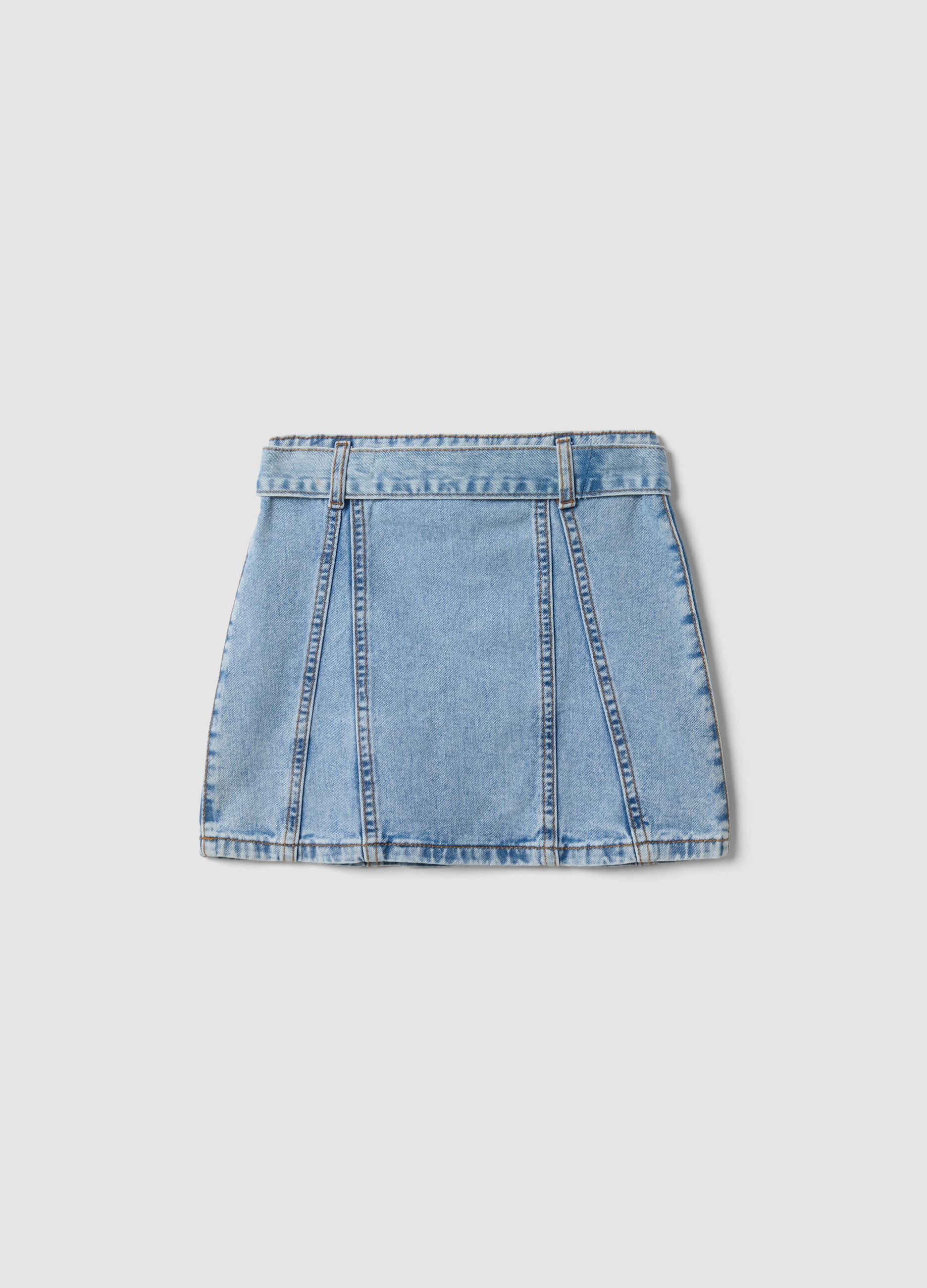 Light blue denim skirt in pure cotton with matching belt for girls